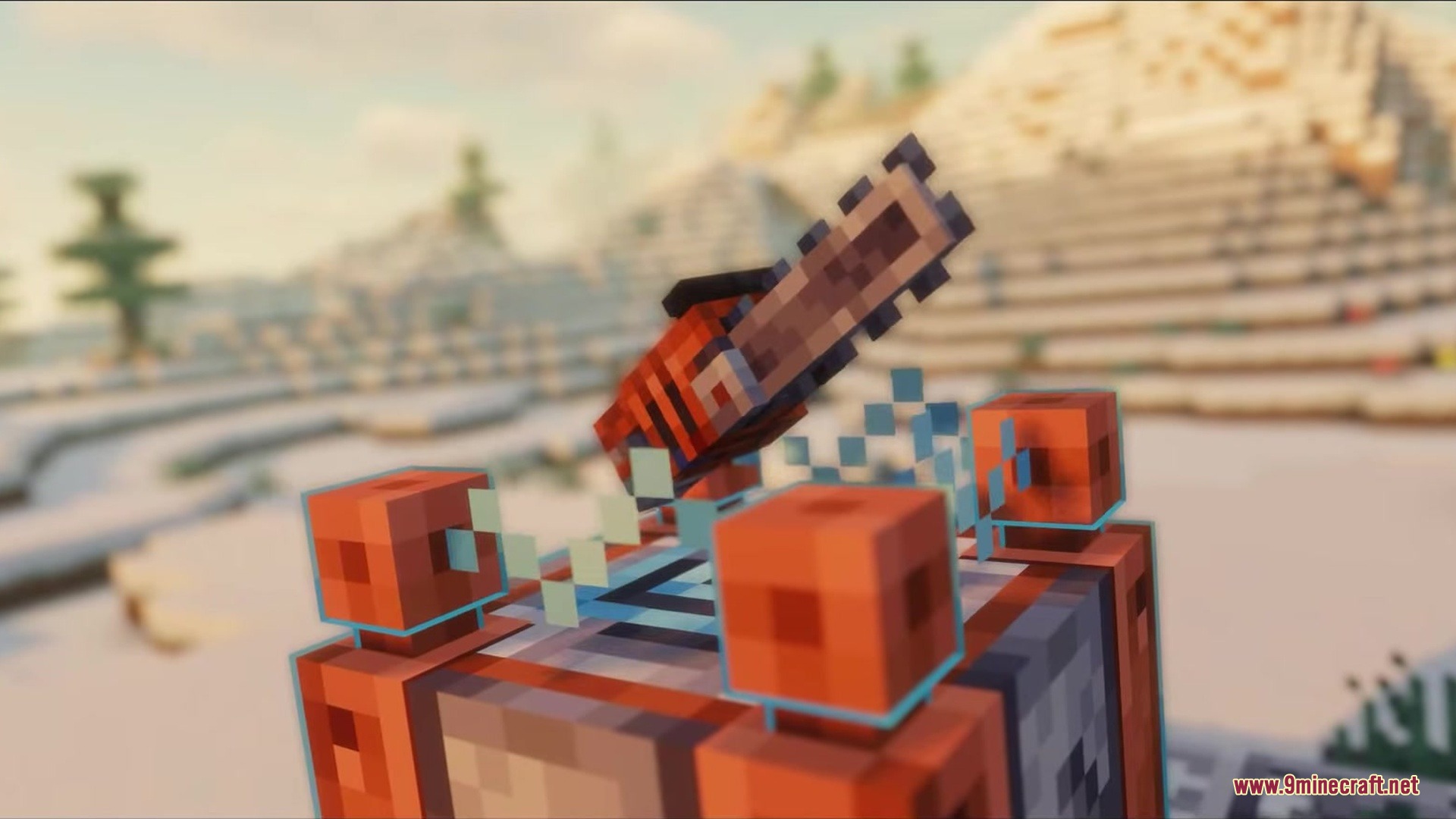 An advanced alien chainsaw floats above a machine block in a snowy biome