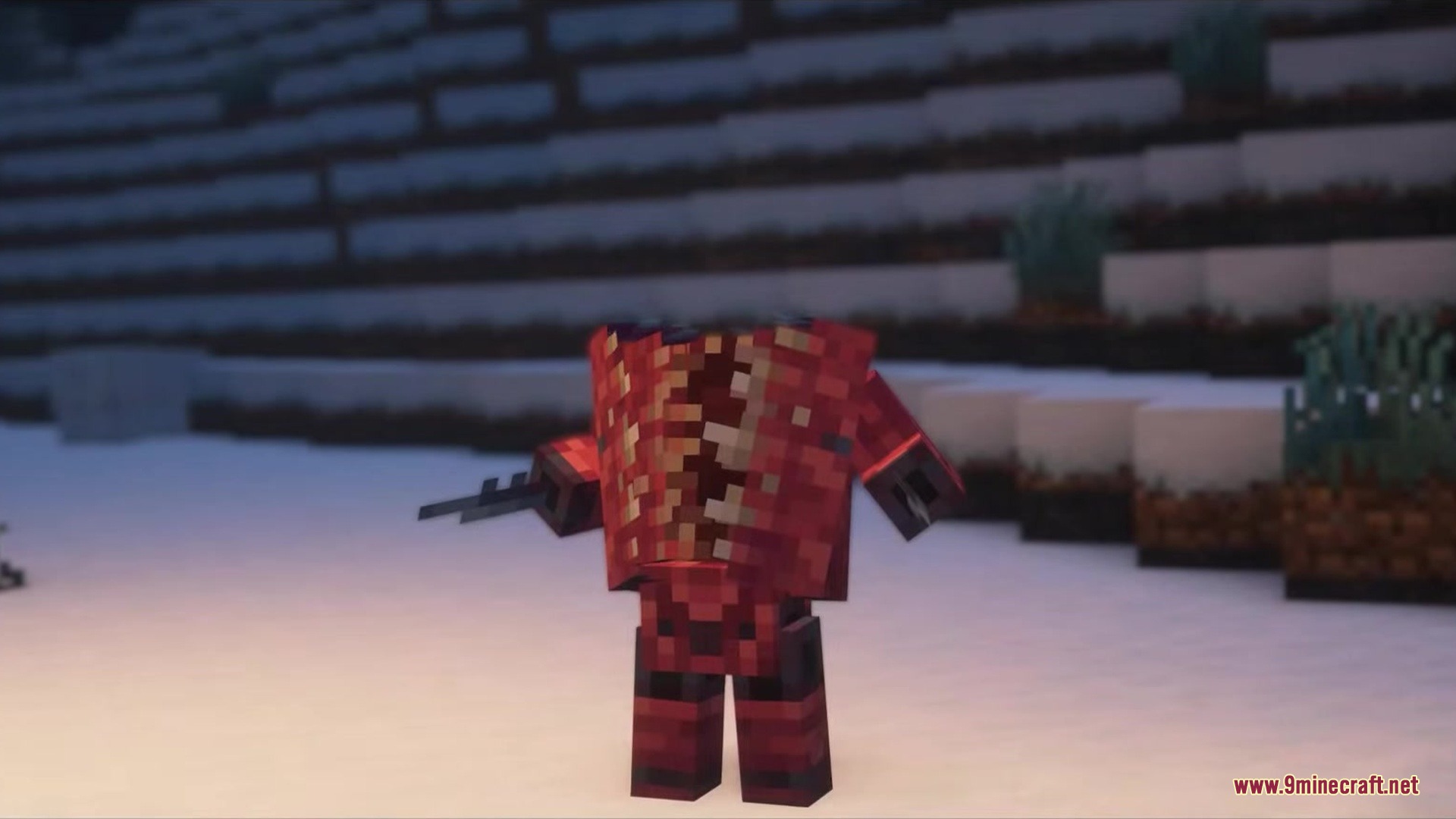 A headless red techno flesh monster standing in a snowy Minecraft landscape