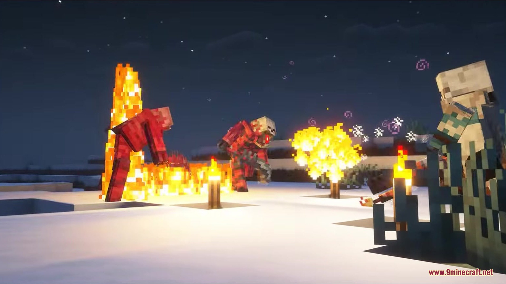 Techno flesh monsters burning in a snowy biome during a cold night