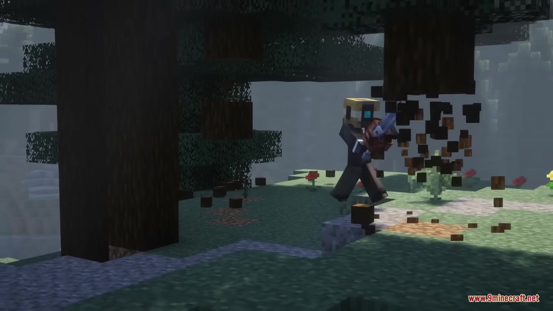 A player uses a powerful alien chainsaw to harvest wood from a tree