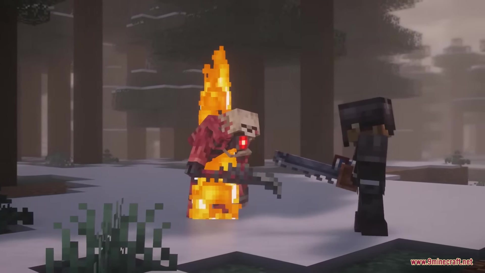 Player wielding a chainsaw weapon against a burning monster in a snowy forest