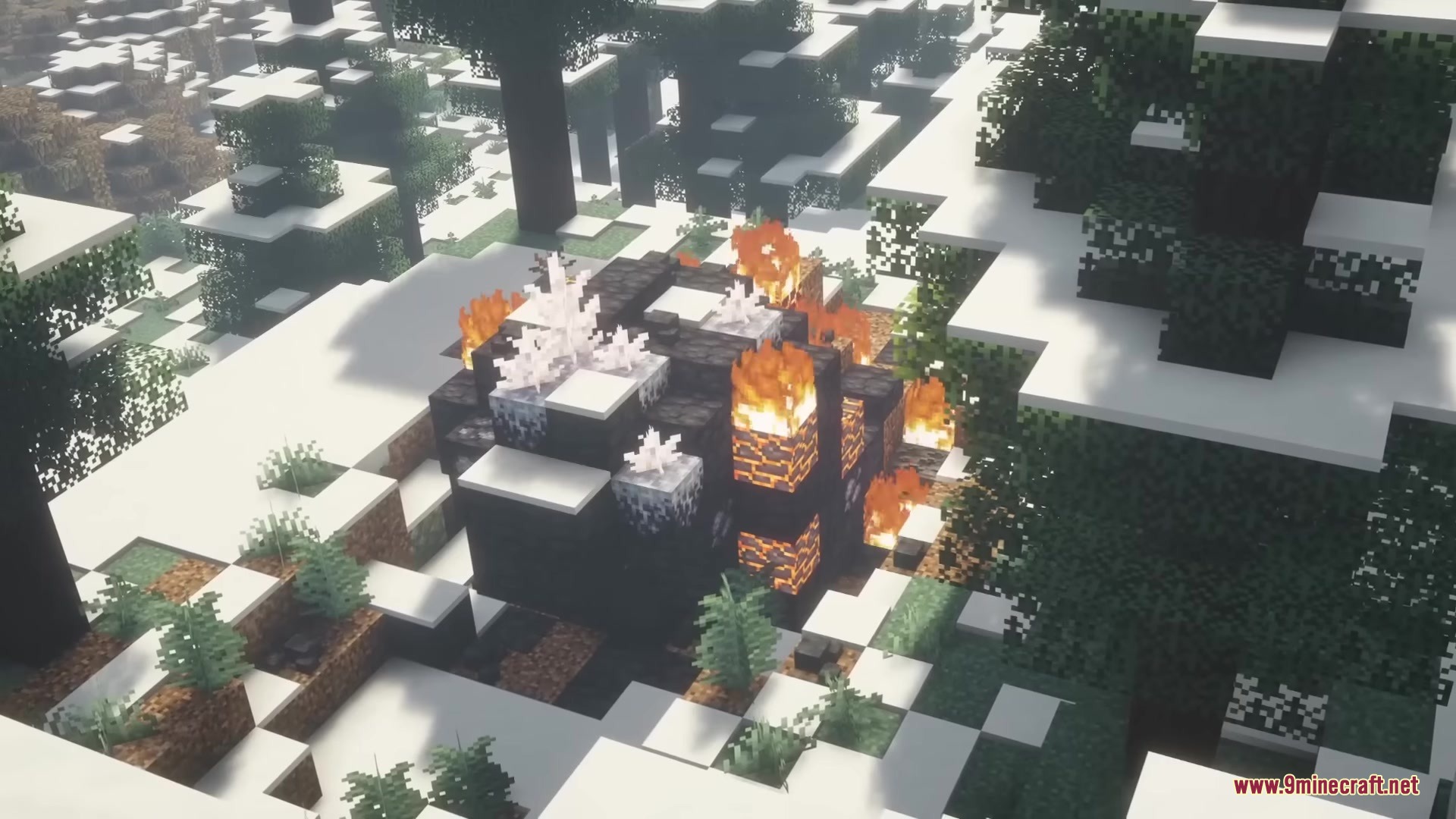 A crashed alien object burns with fire and crystals in the snow