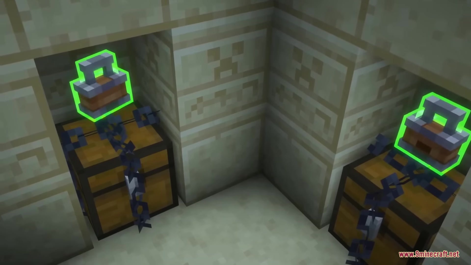 Clavis Mod Screenshot 2 Two locked chests with chains and green lock symbols inside a desert temple