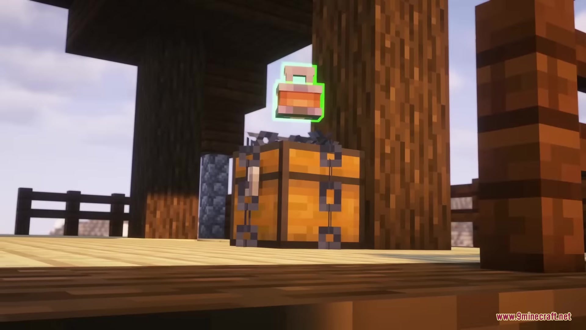Clavis Mod Screenshot 3 A wooden chest wrapped in chains with a green floating lock symbol