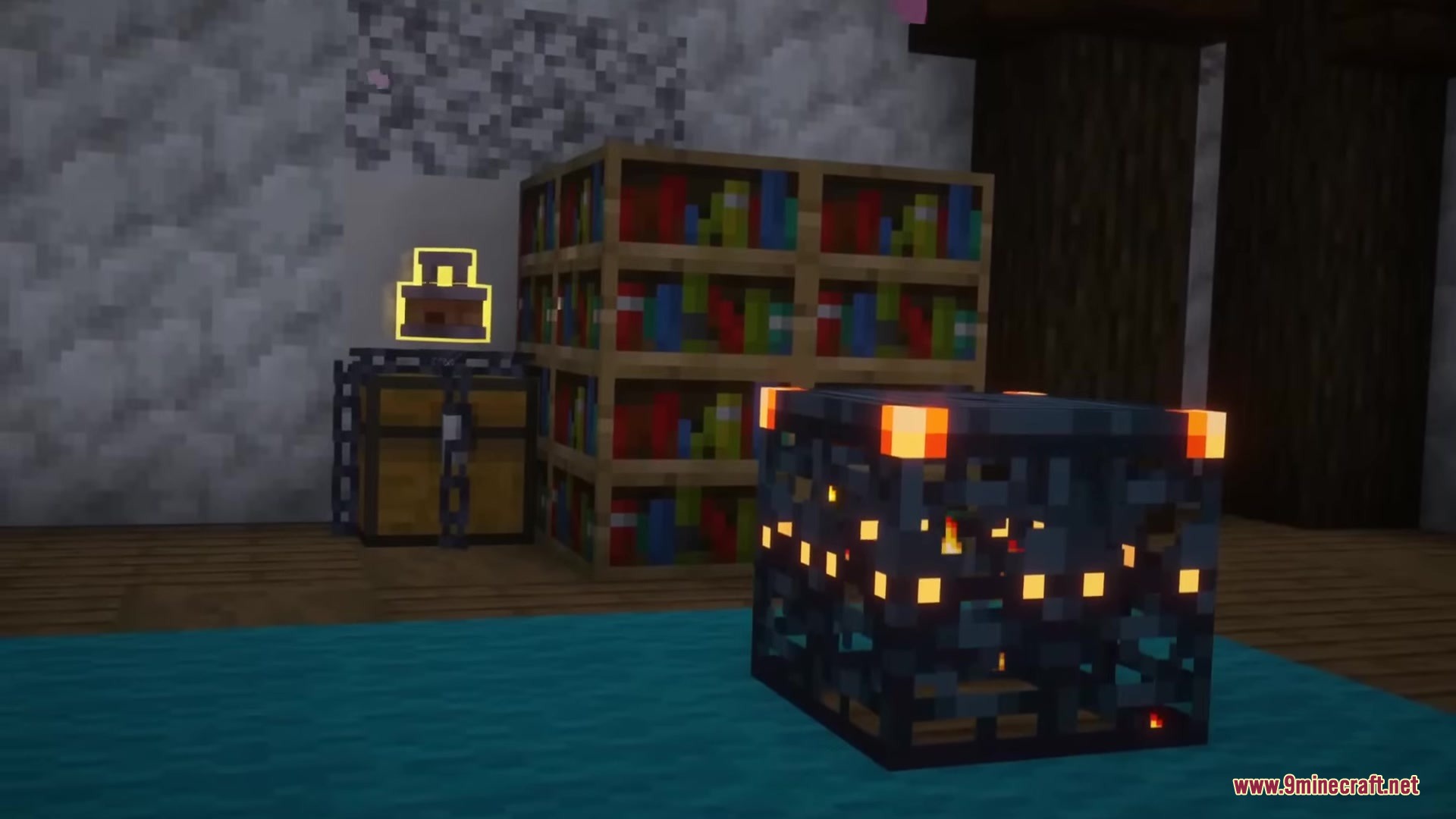 Clavis Mod Screenshot 4 A locked chest with a yellow icon near a bookshelf and a spawner