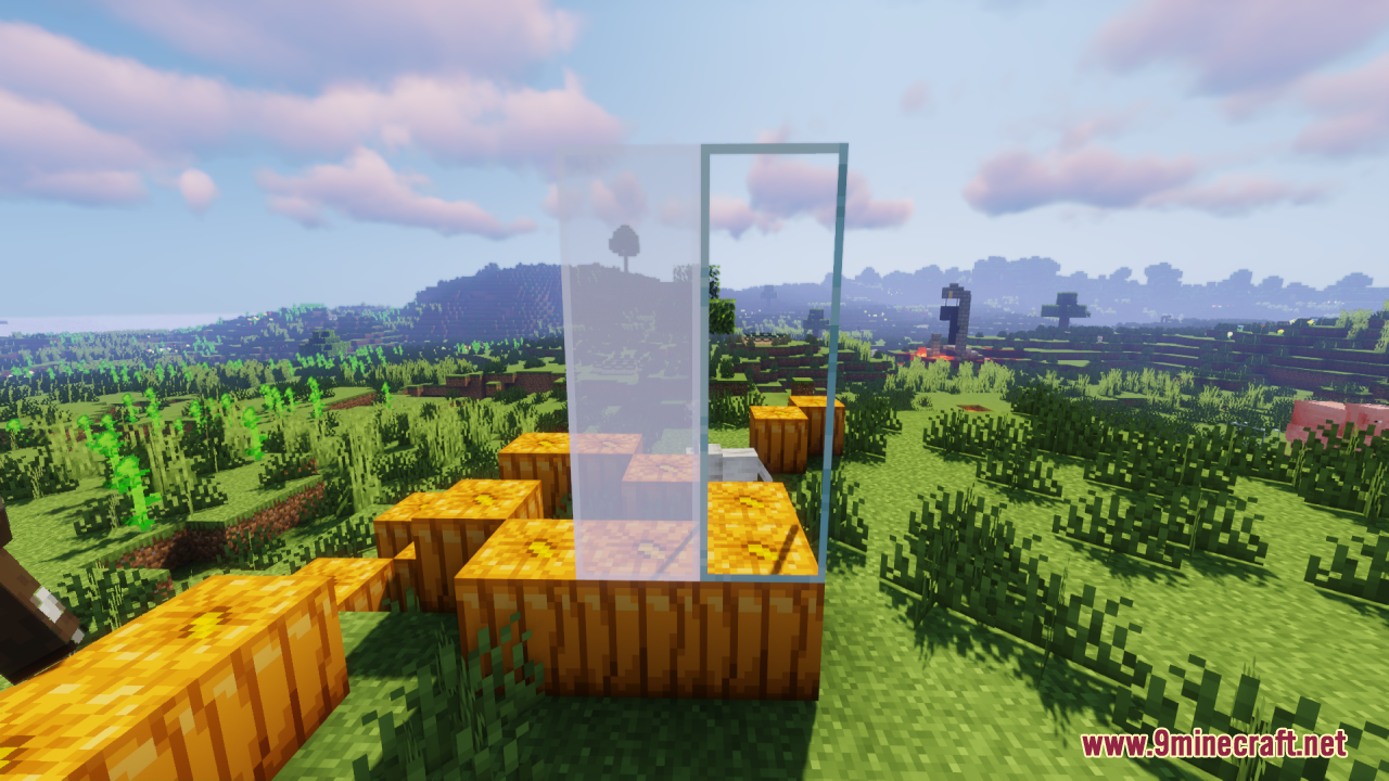 Clear glass blocks and panels placed on pumpkins showing seamless connected textures