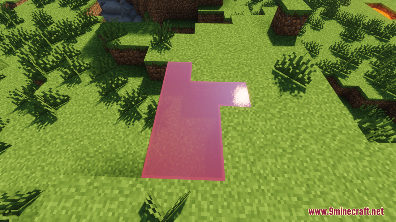Pink stained glass blocks on grass displaying a smooth and borderless look