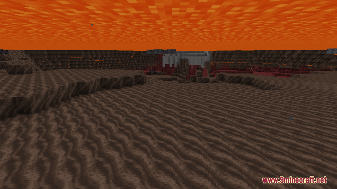 A wide view of the Nether landscape with transparent lava on the ceiling