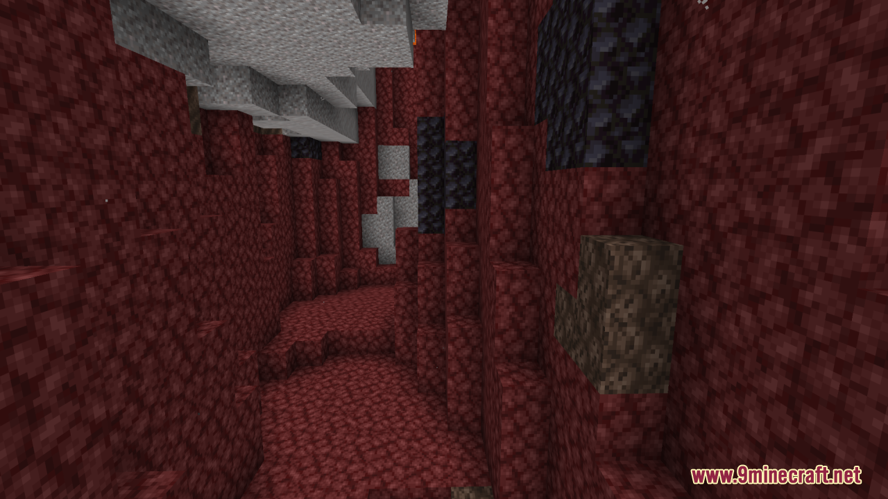 A rocky Nether landscape featuring netherrack walls and patches of soul soil