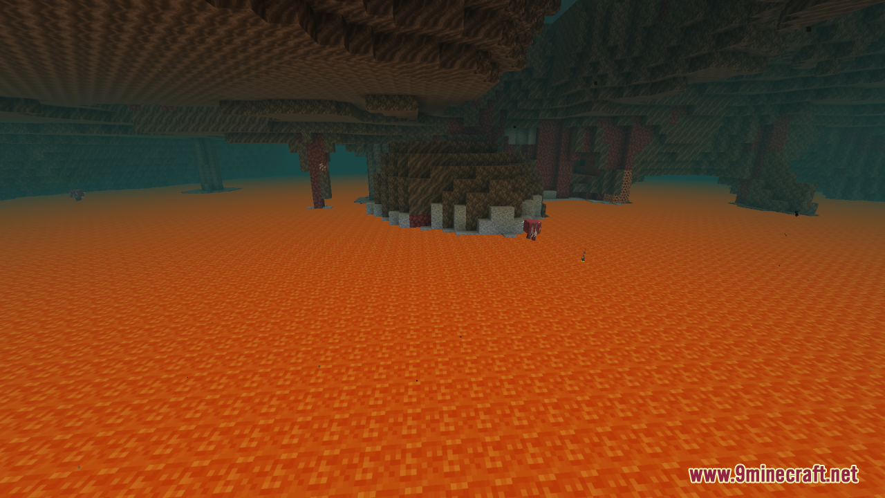 A vast ocean of transparent lava in the Nether showing the ground below