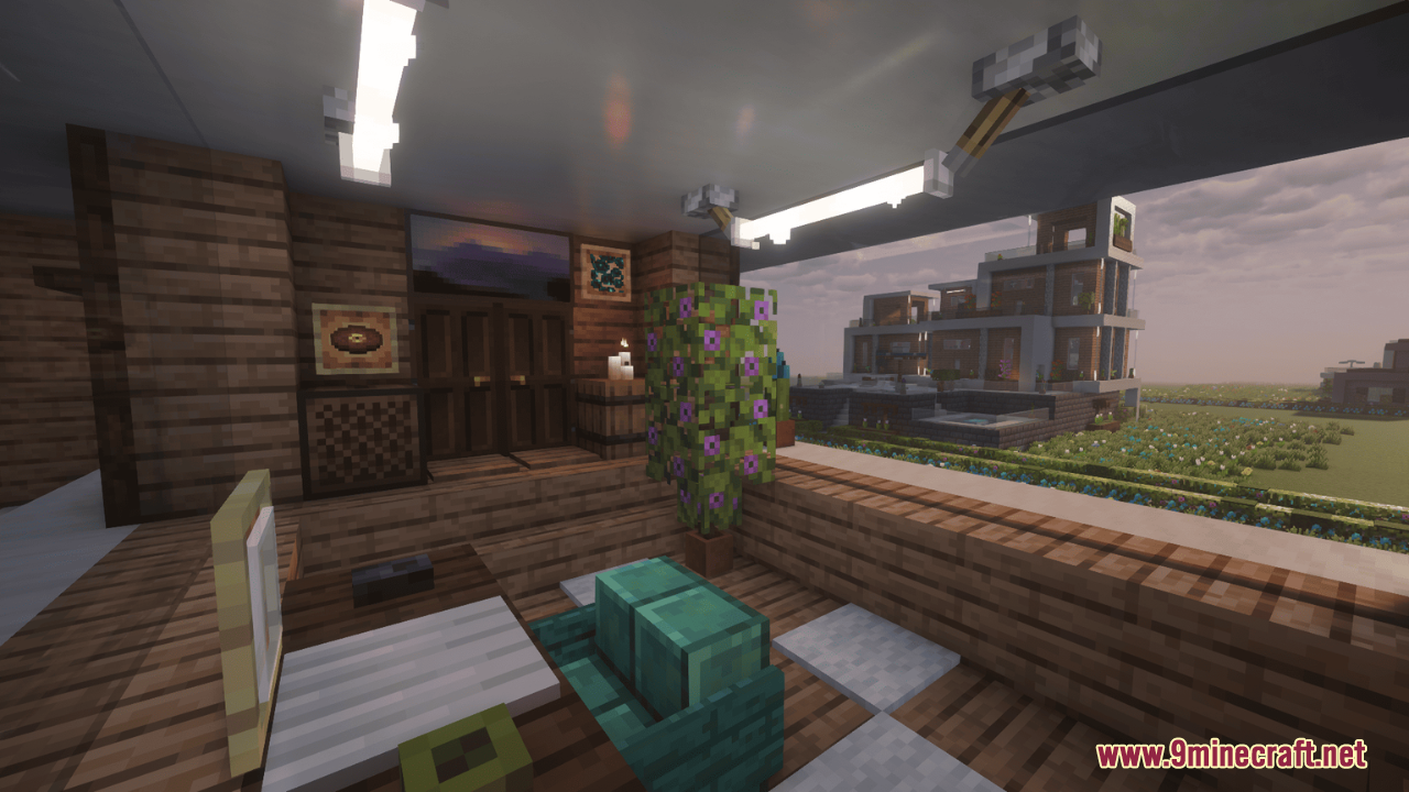A cozy Minecraft room with a large clear glass window overlooking a house