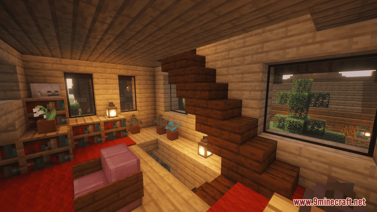 Cozy Minecraft interior featuring clear glass windows with distinct black outlines