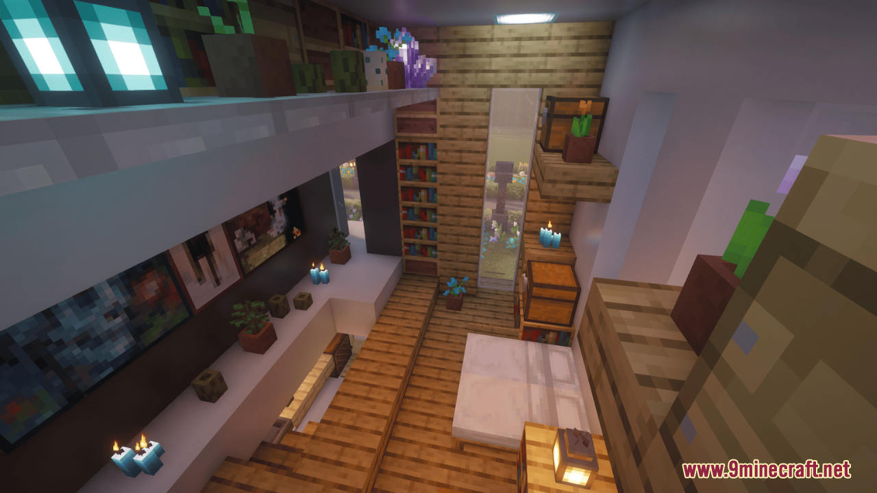 Modern Minecraft interior showcasing the Clearest Glass Resource Pack on a tall window