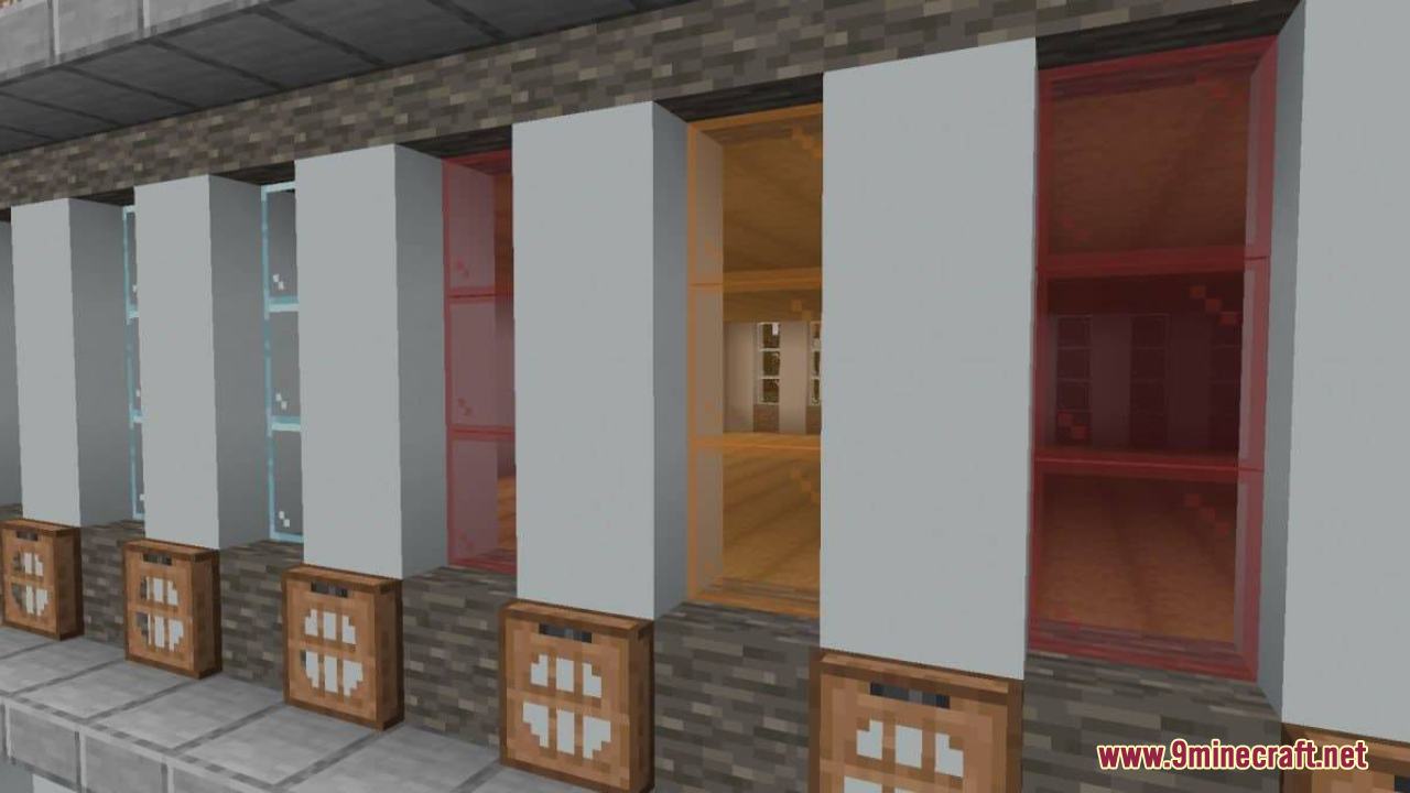 A building exterior with colored glass panes showing default noisy pixel streaks