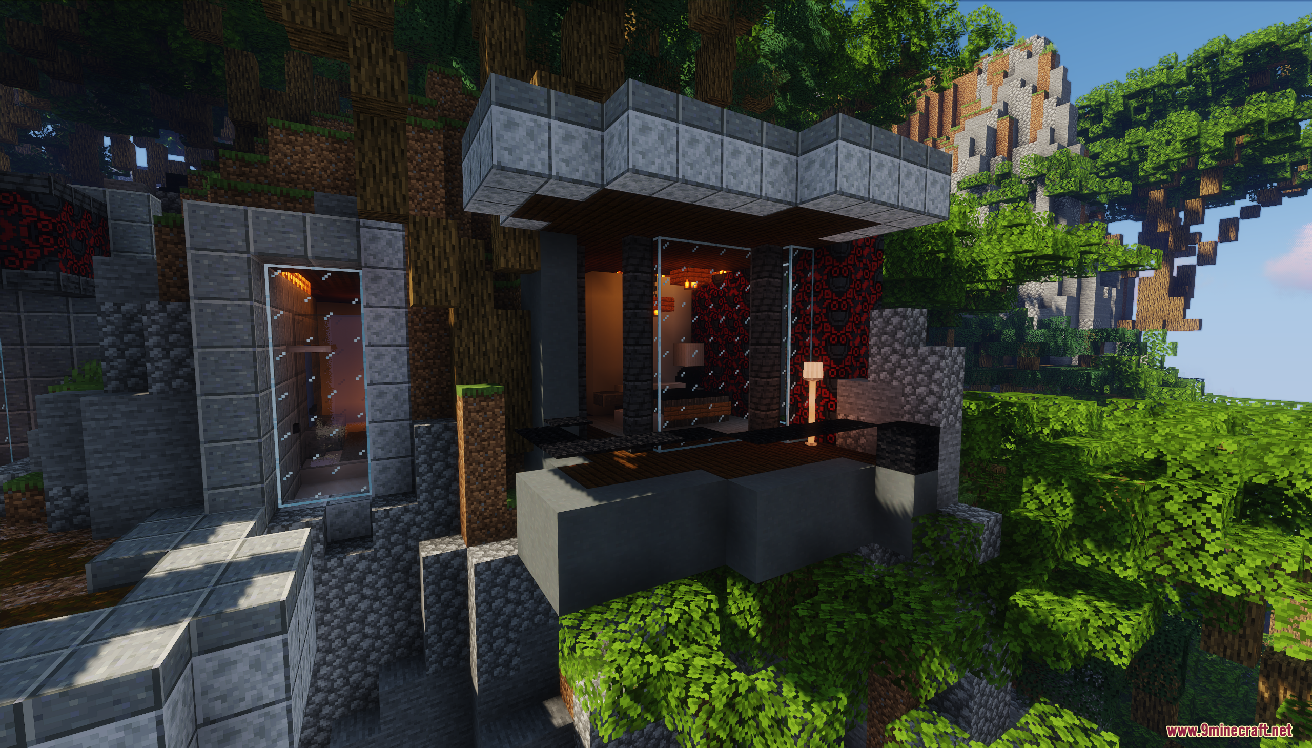A modern Cliffside Mansion Map featuring stone walls and large glass windows