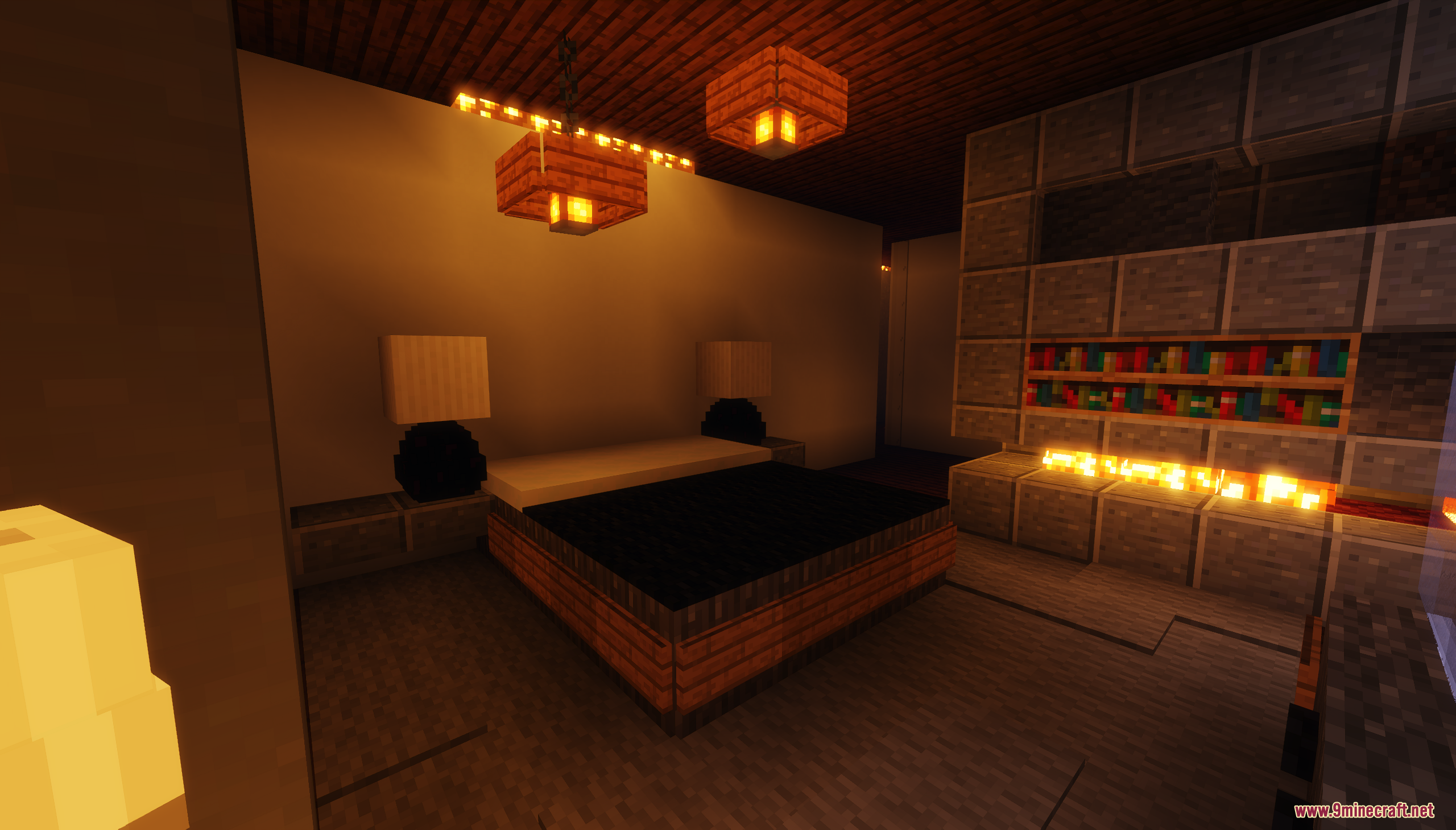 Cozy bedroom interior featuring a large bed and warm glowing lanterns