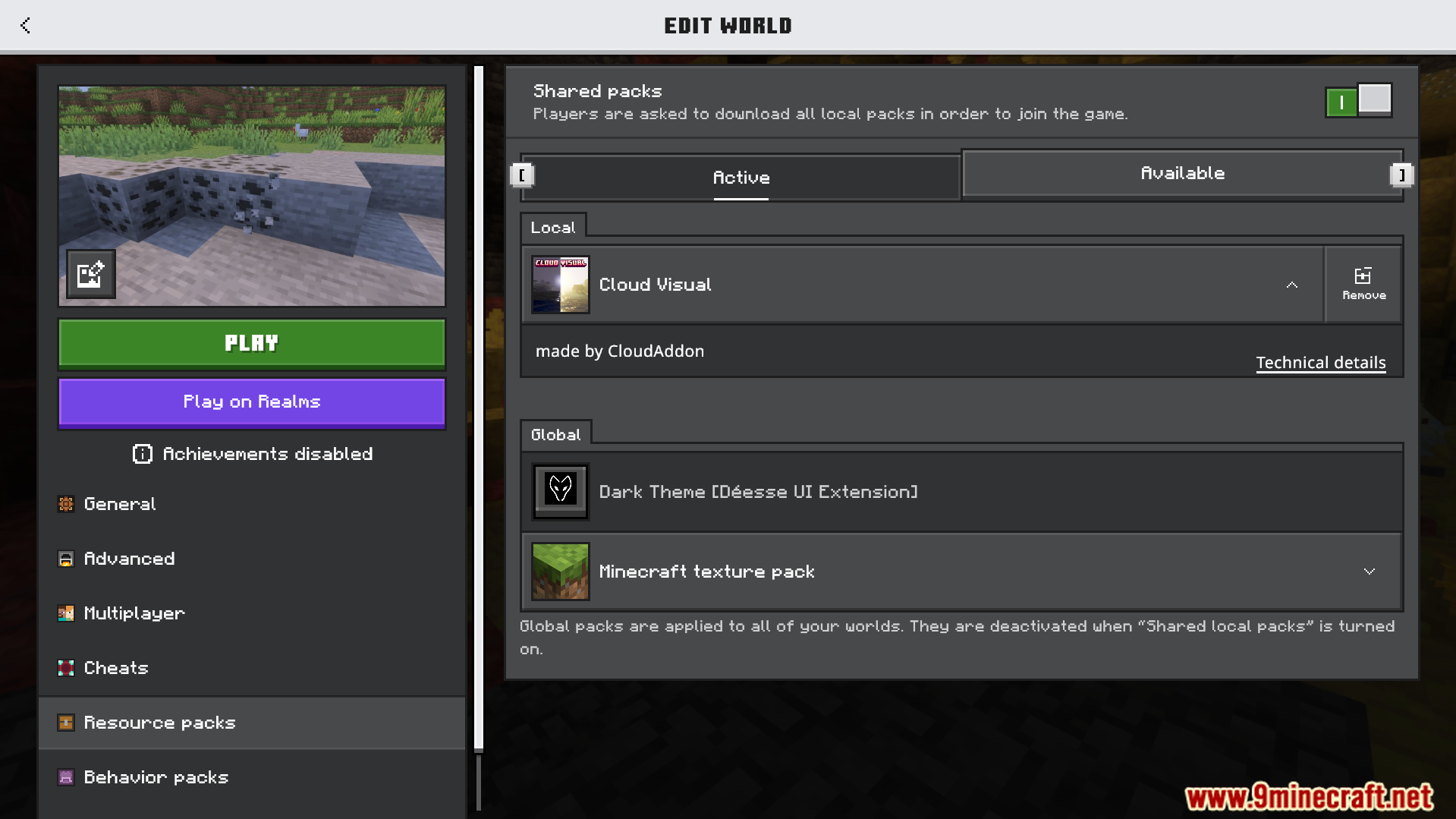 Cloud Visual Shader Screenshot 1 Minecraft world settings menu showing the active Cloud Visual resource pack selection