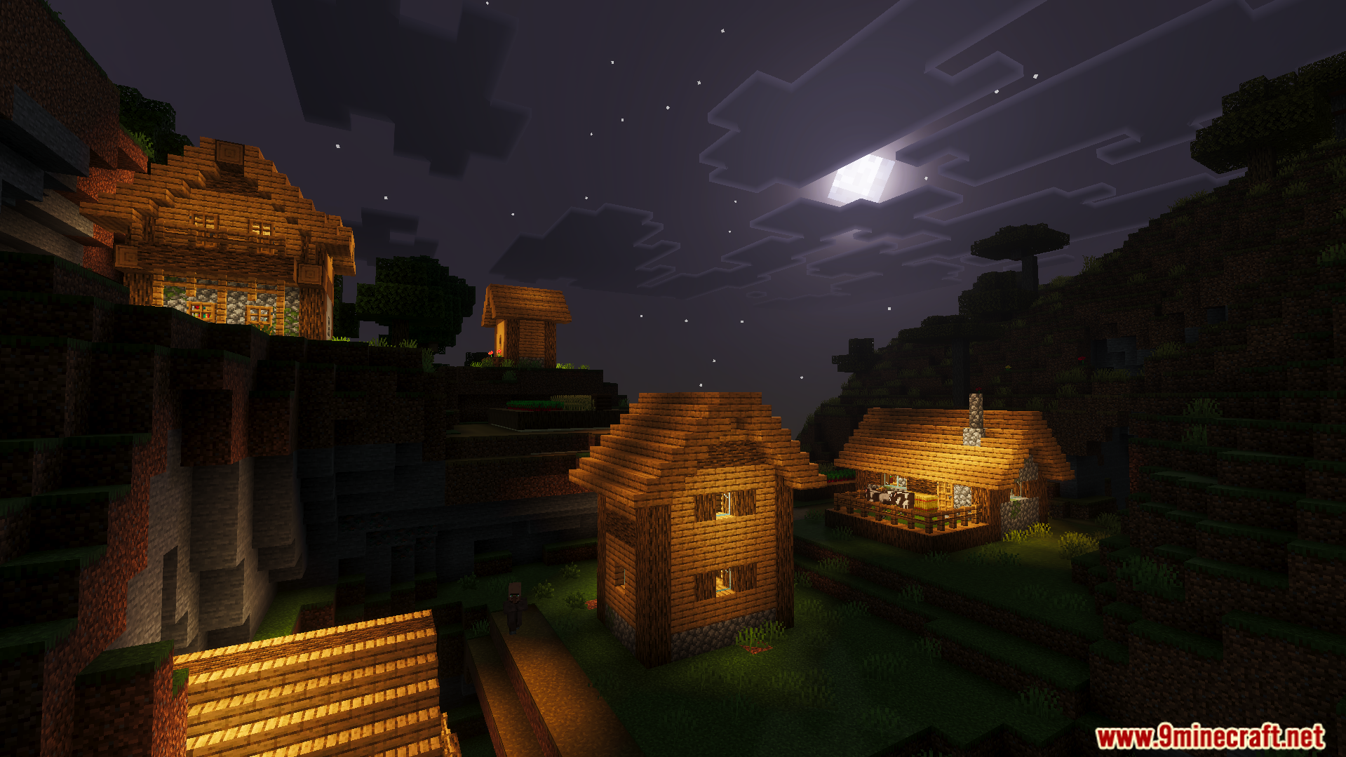 Cloud Visual Shader Screenshot 6 Village houses on a hillside glowing with warm light under the bright moon
