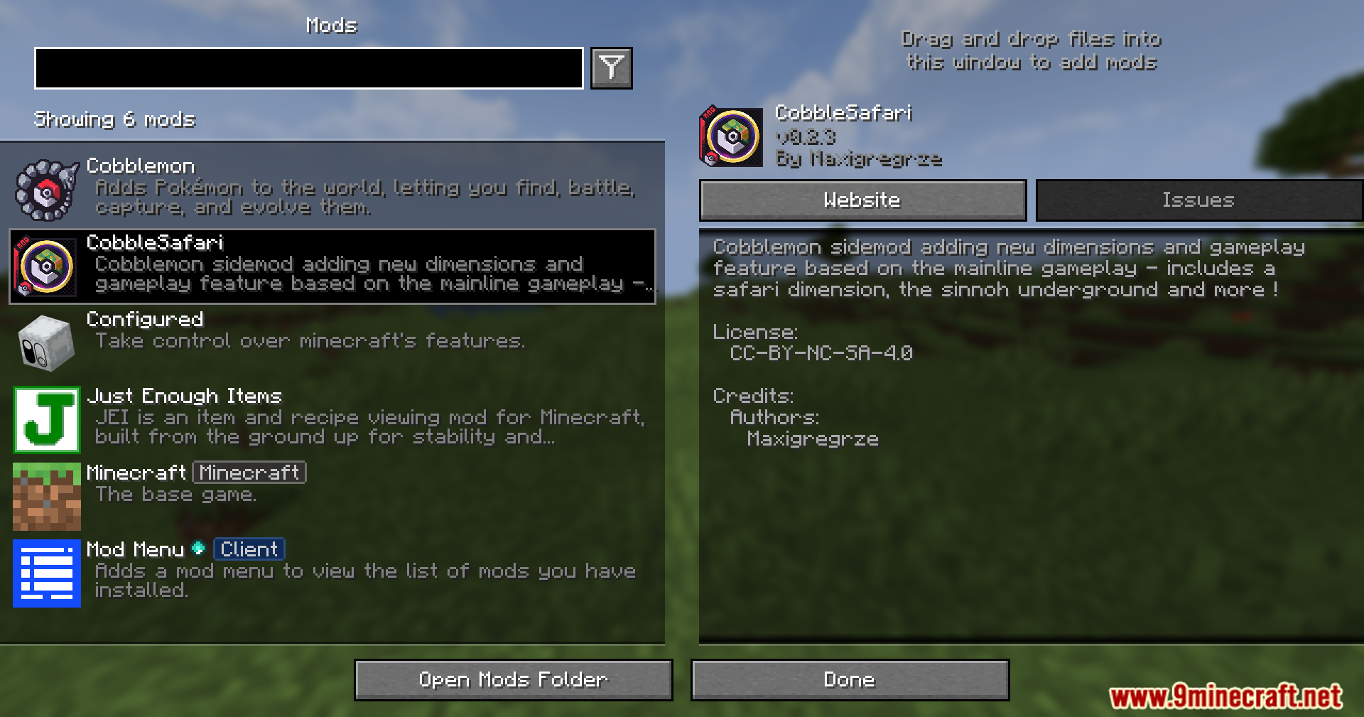 Cobble Safari Mod Screenshot 1 A Minecraft mod menu screen displaying the CobbleSafari mod and its description