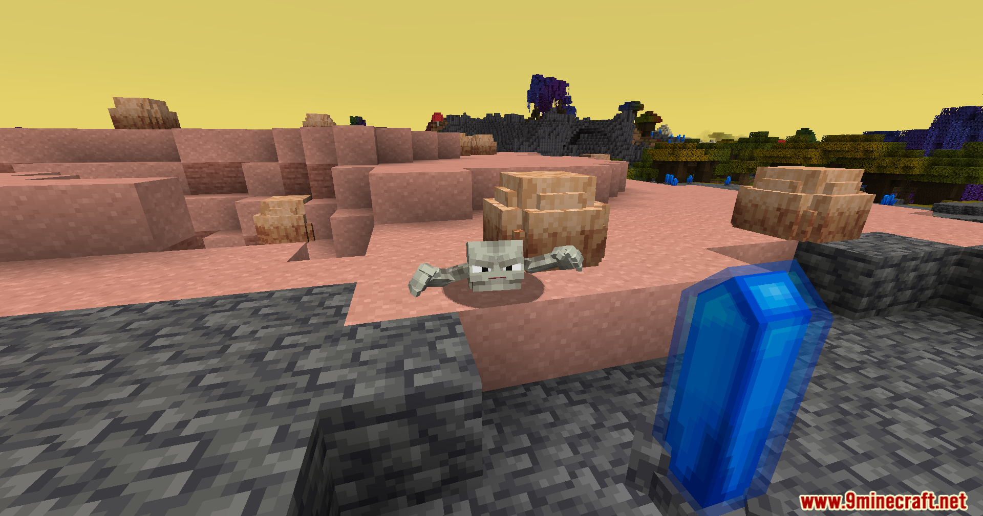 Cobble Safari Mod Screenshot 13 A wild Geodude wanders through a rocky desert near a glowing blue crystal