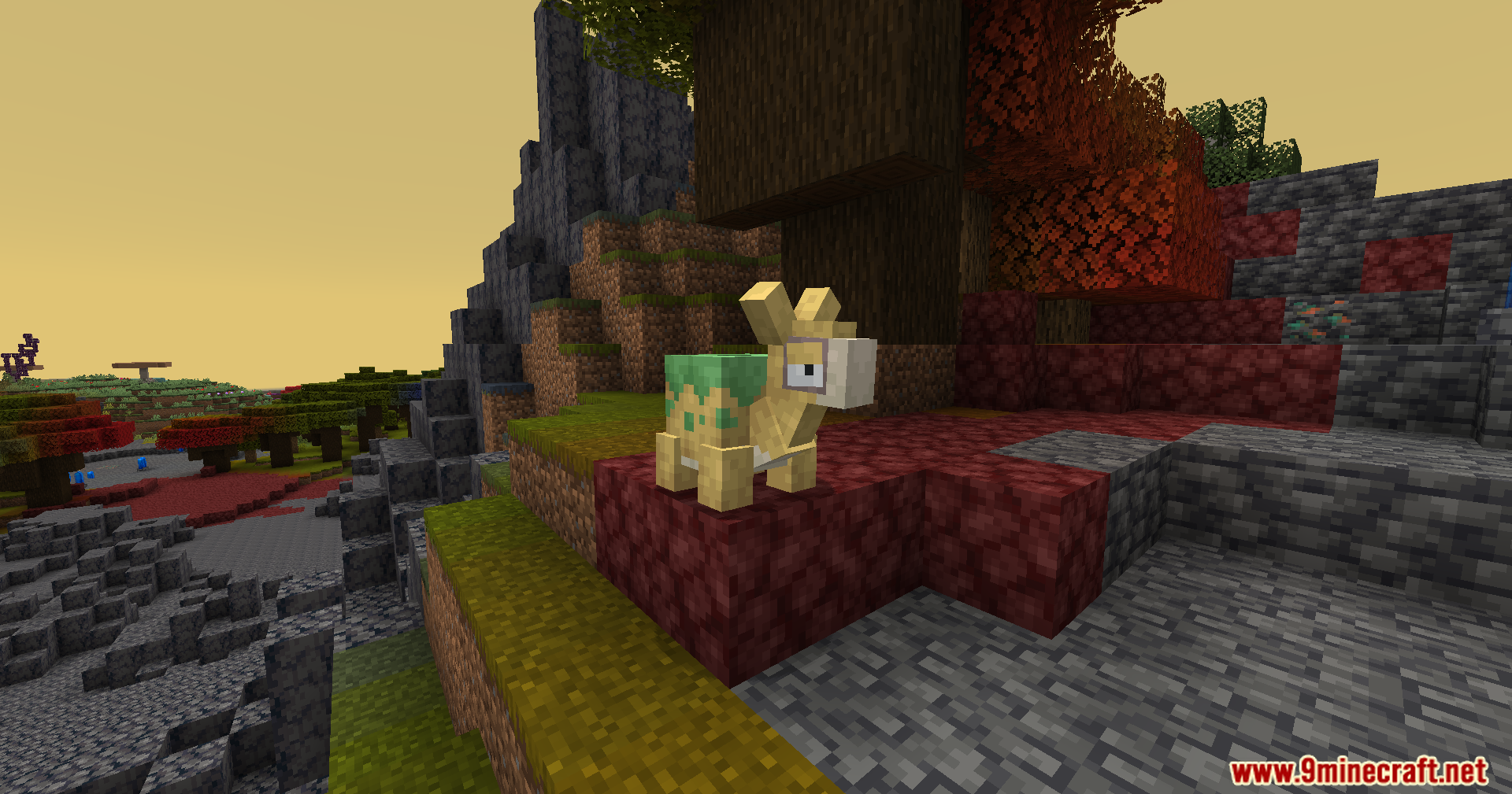 Cobble Safari Mod Screenshot 14 A small yellow creature stands on a red block in a colorful hilly biome