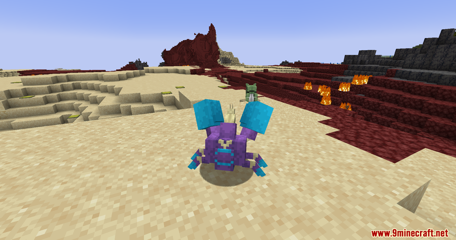 Cobble Safari Mod Screenshot 17 A purple and blue crab creature stands on sand in a nether biome