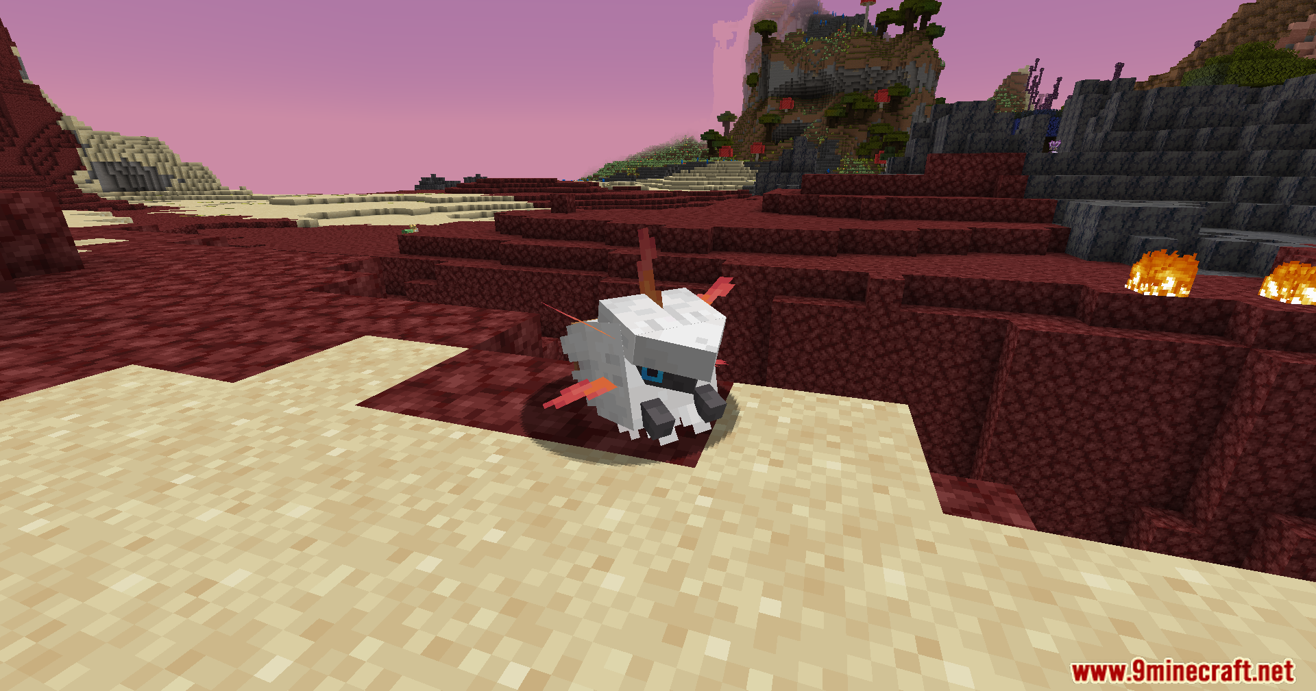 Cobble Safari Mod Screenshot 18 A white creature with red spikes explores a rocky nether landscape with fire