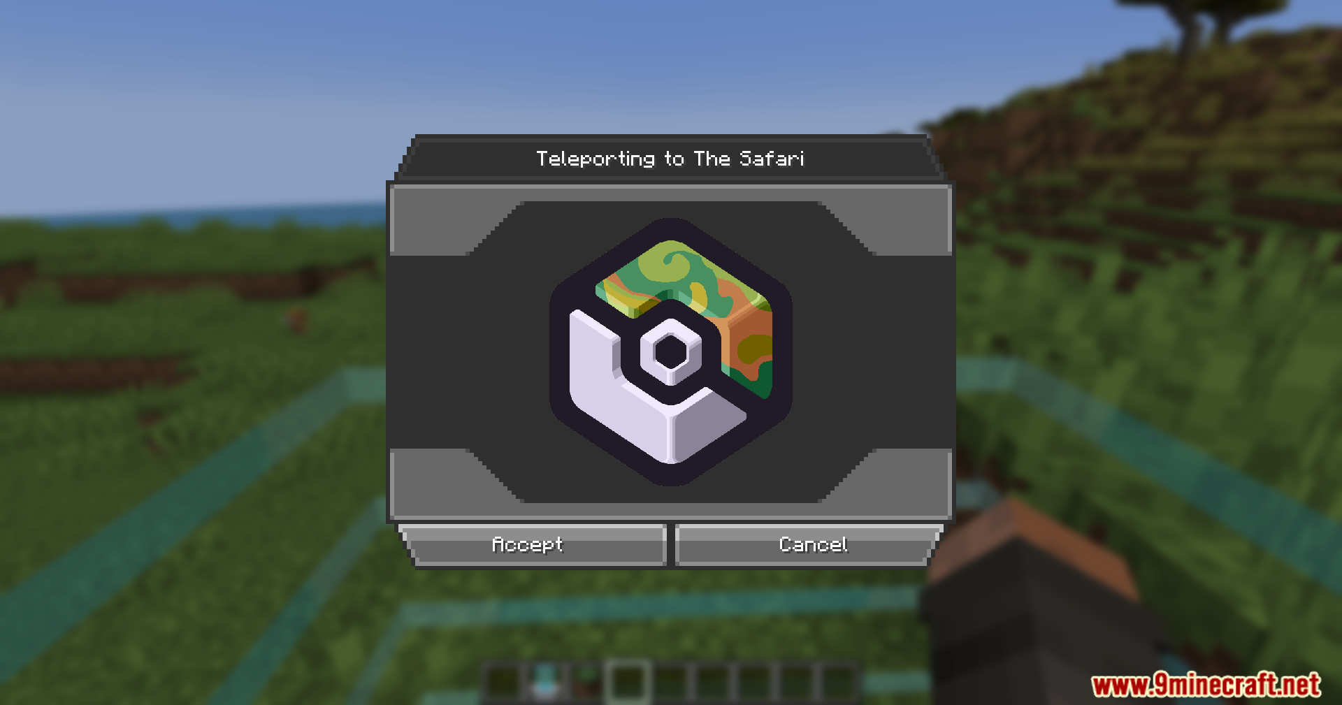 Cobble Safari Mod Screenshot 3 A player interacts with a menu to teleport to the Safari zone