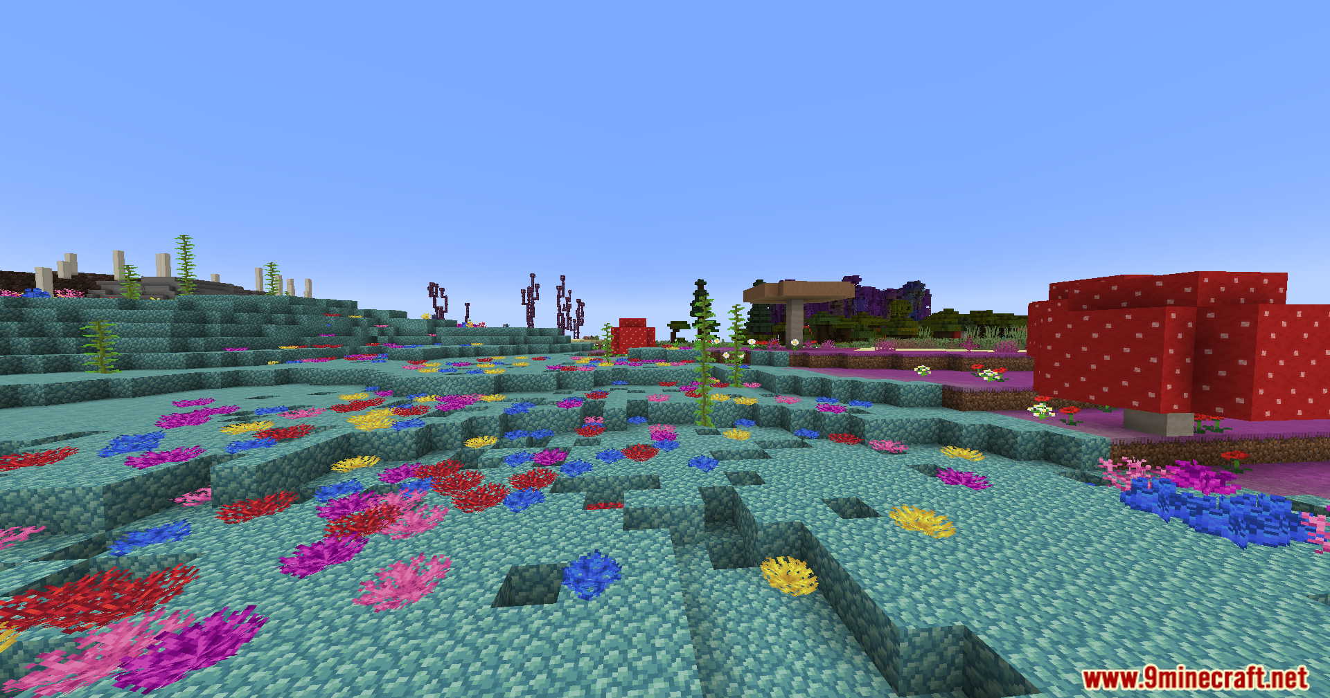 Cobble Safari Mod Screenshot 6 Colorful coral blocks and giant mushrooms spread across a vibrant safari landscape