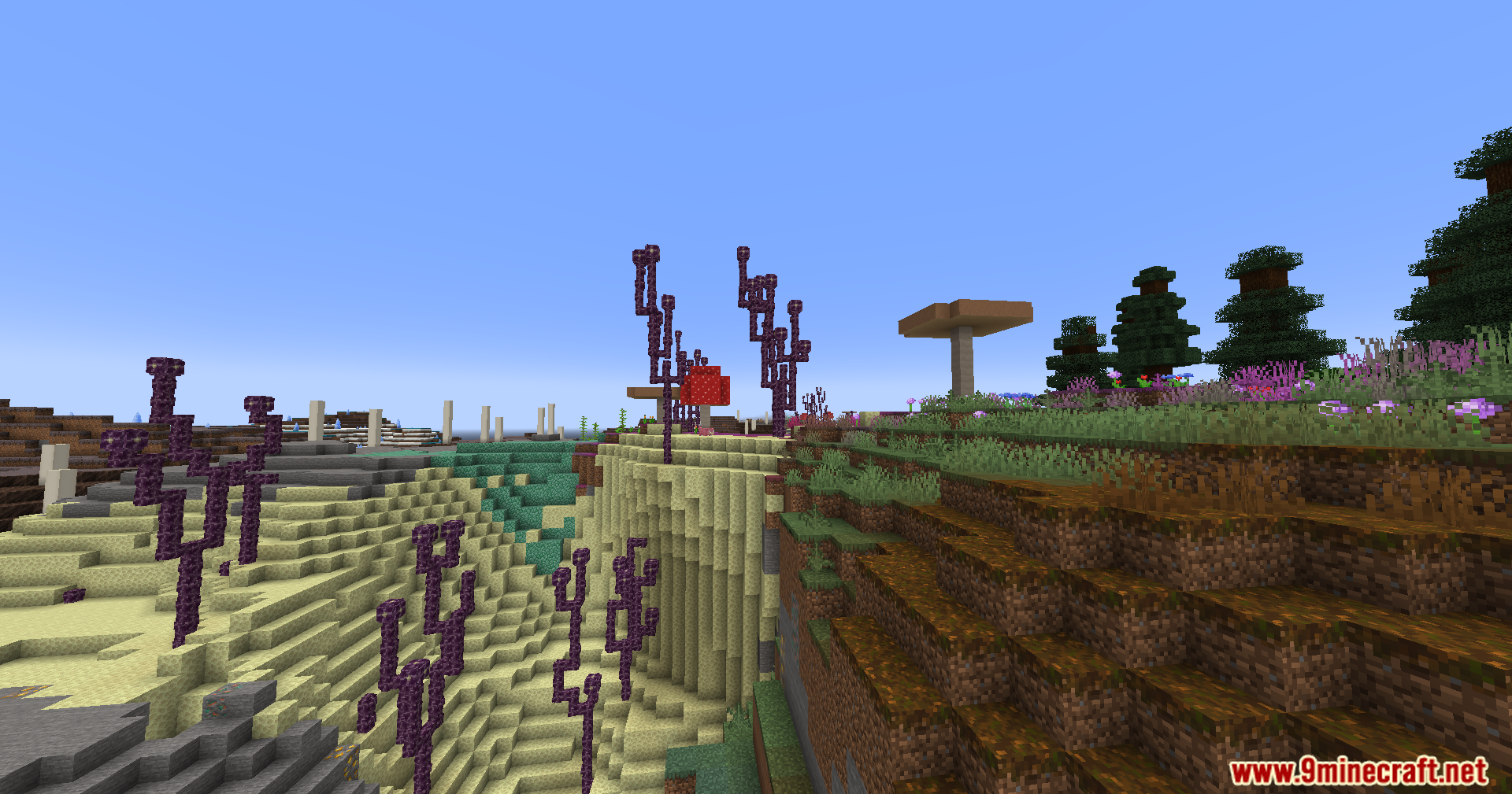 Cobble Safari Mod Screenshot 8 Chorus plants and red mushrooms grow on a cliffside of end stone
