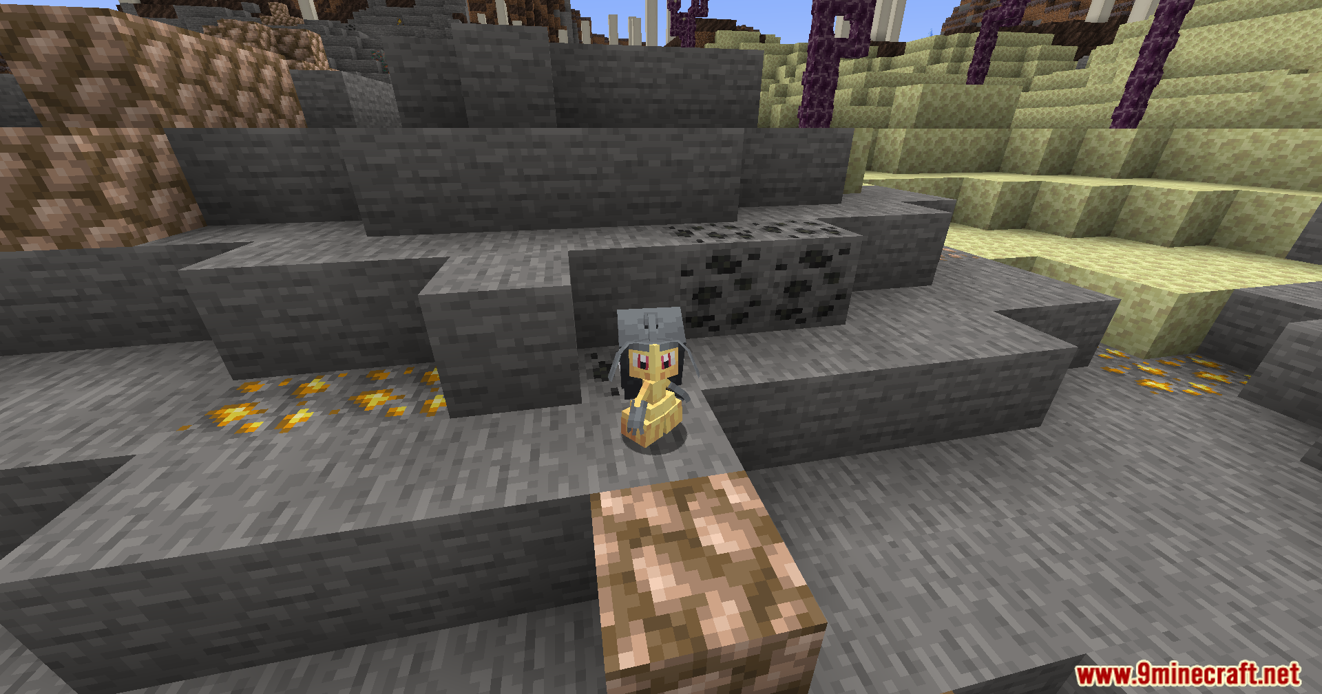 Cobble Safari Mod Screenshot 9 Mawile stands near various ores in a rocky underground cave environment