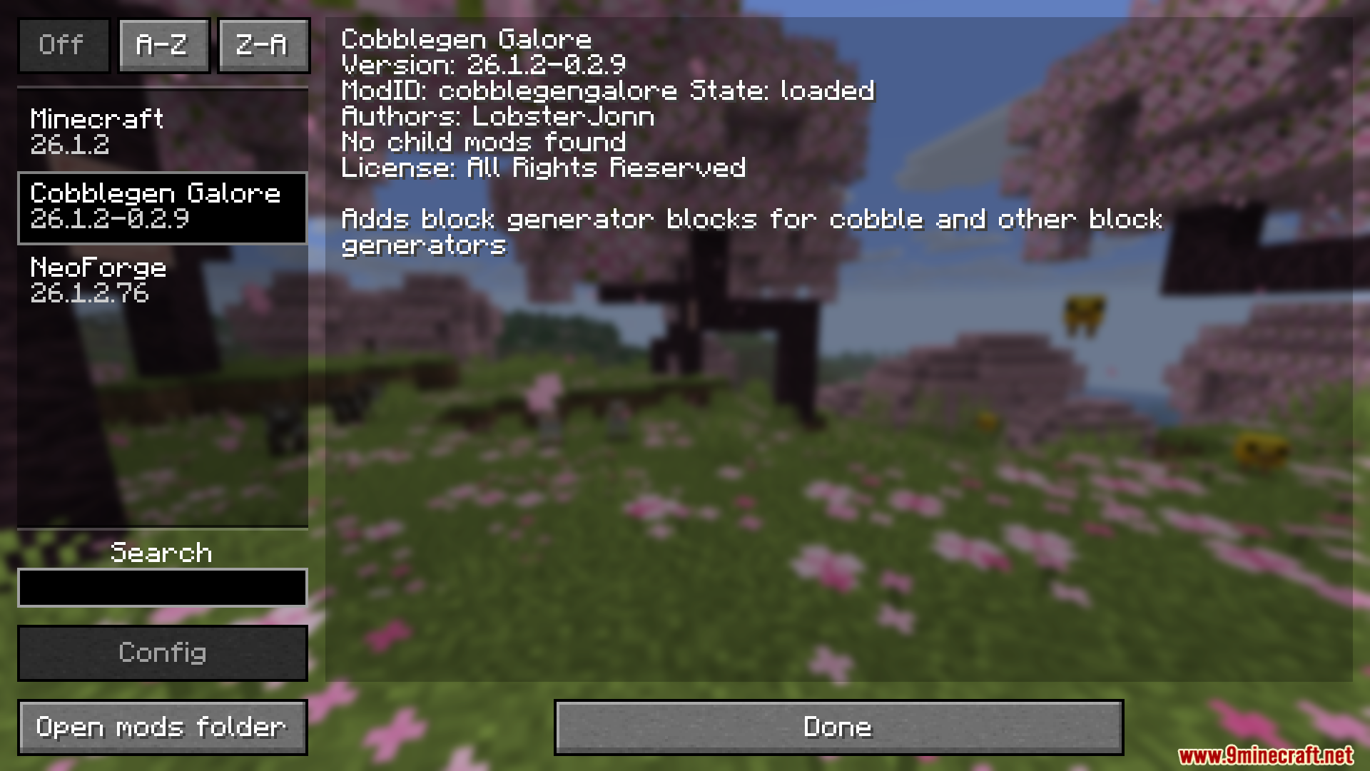 Cobblegen Galore Mod Screenshot 1 Minecraft mod menu displaying version and author information for Cobblegen Galore