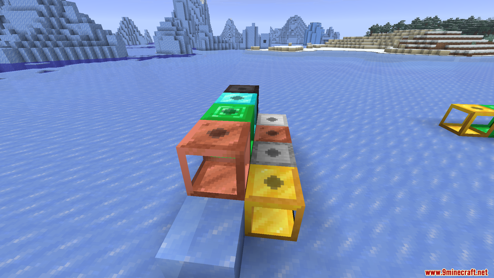 Cobblegen Galore Mod Screenshot 12 Various colored block generators displayed on ice in a snowy biome