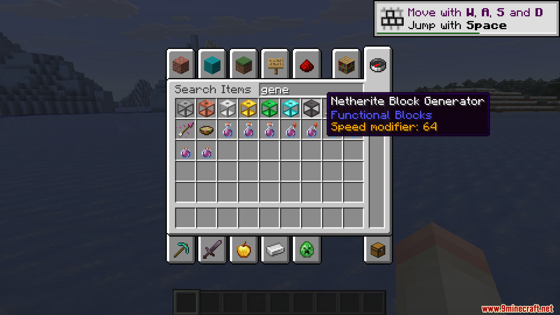 Cobblegen Galore Mod Screenshot 2 Creative inventory showing various block generator items with a Netherite generator highlighted