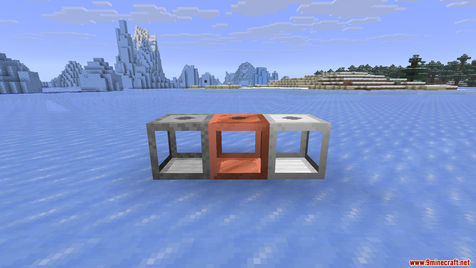 Cobblegen Galore Mod Screenshot 3 Three automated generator blocks from the Cobblegen Galore mod on ice