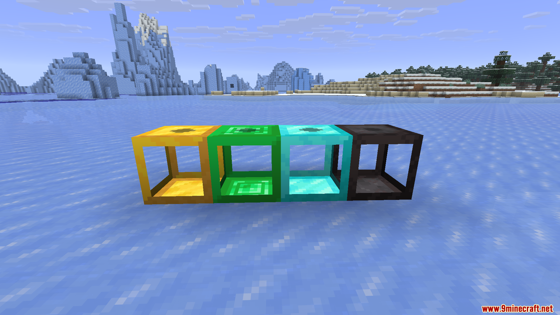 Cobblegen Galore Mod Screenshot 4 Gold emerald diamond and netherite tier generators lined up on the ice
