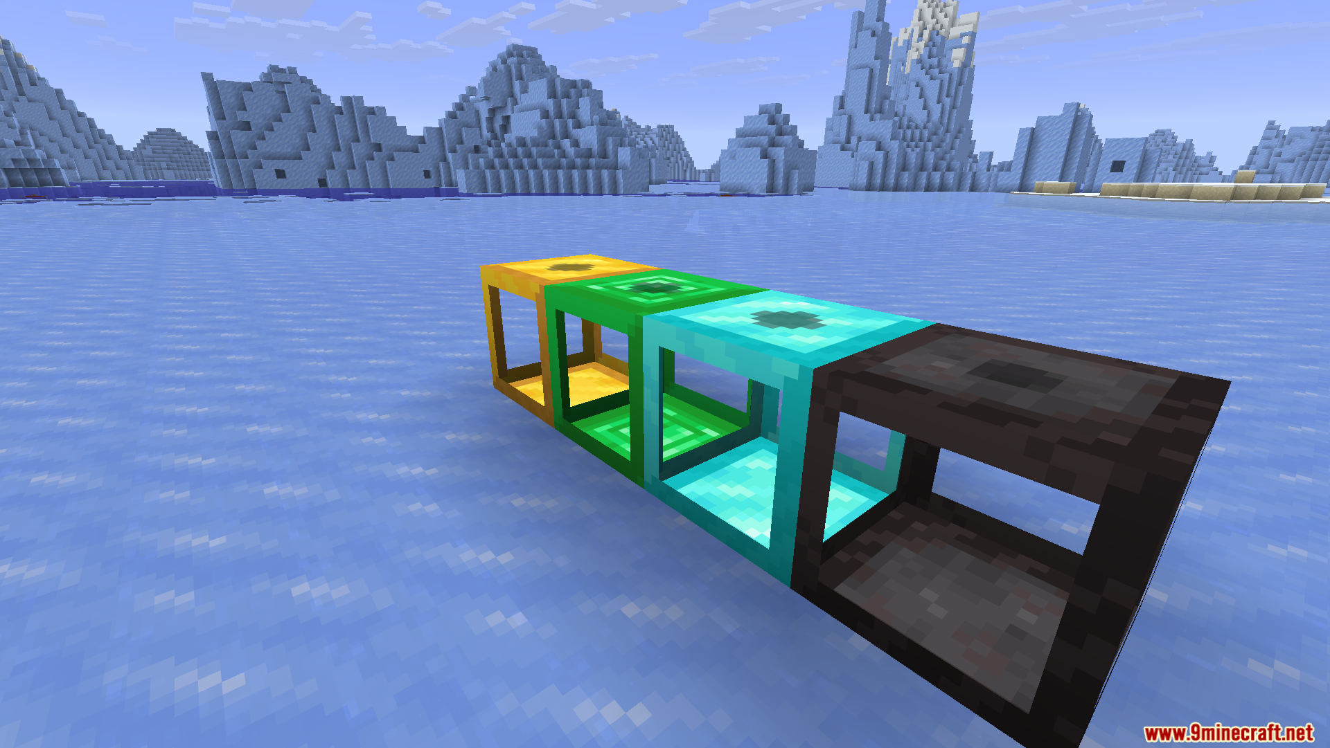 Cobblegen Galore Mod Screenshot 6 Four high tier block generators sitting on ice in an ice spikes biome