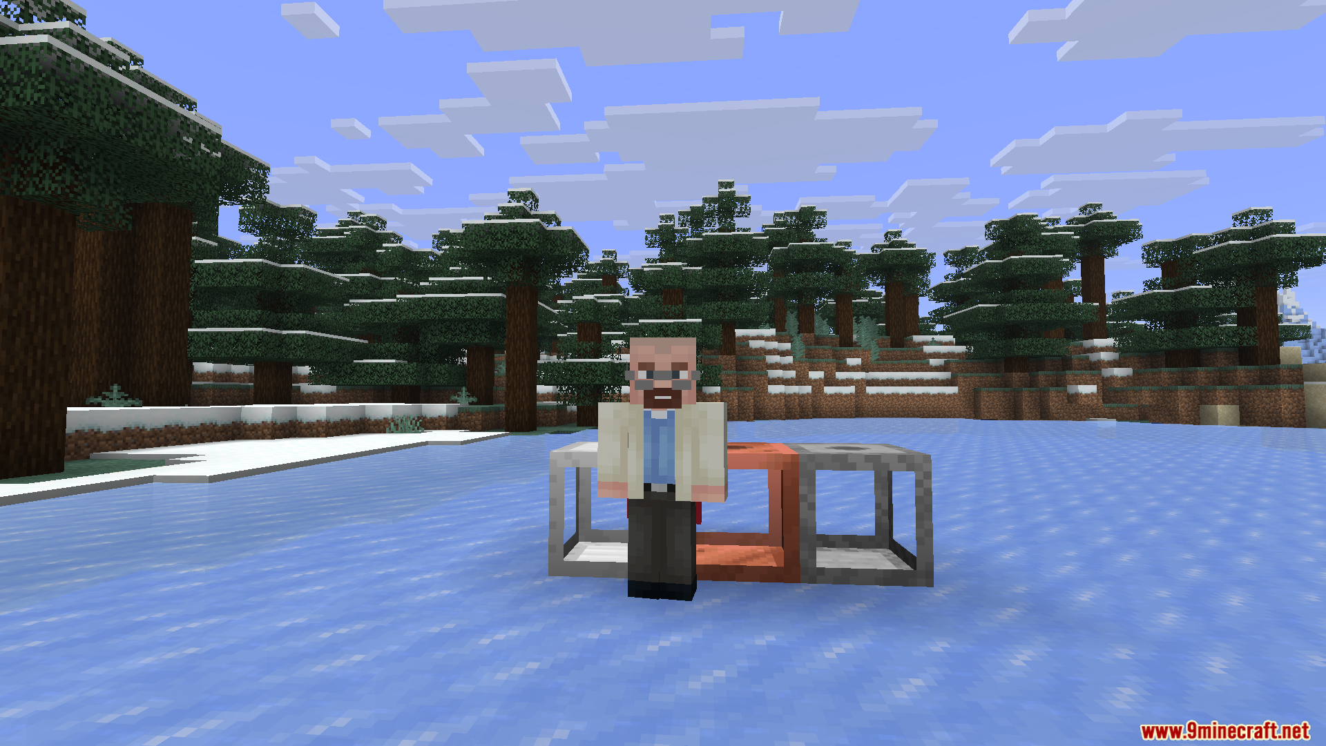 Cobblegen Galore Mod Screenshot 7 A scientist character stands with three automated generator blocks in a snowy biome