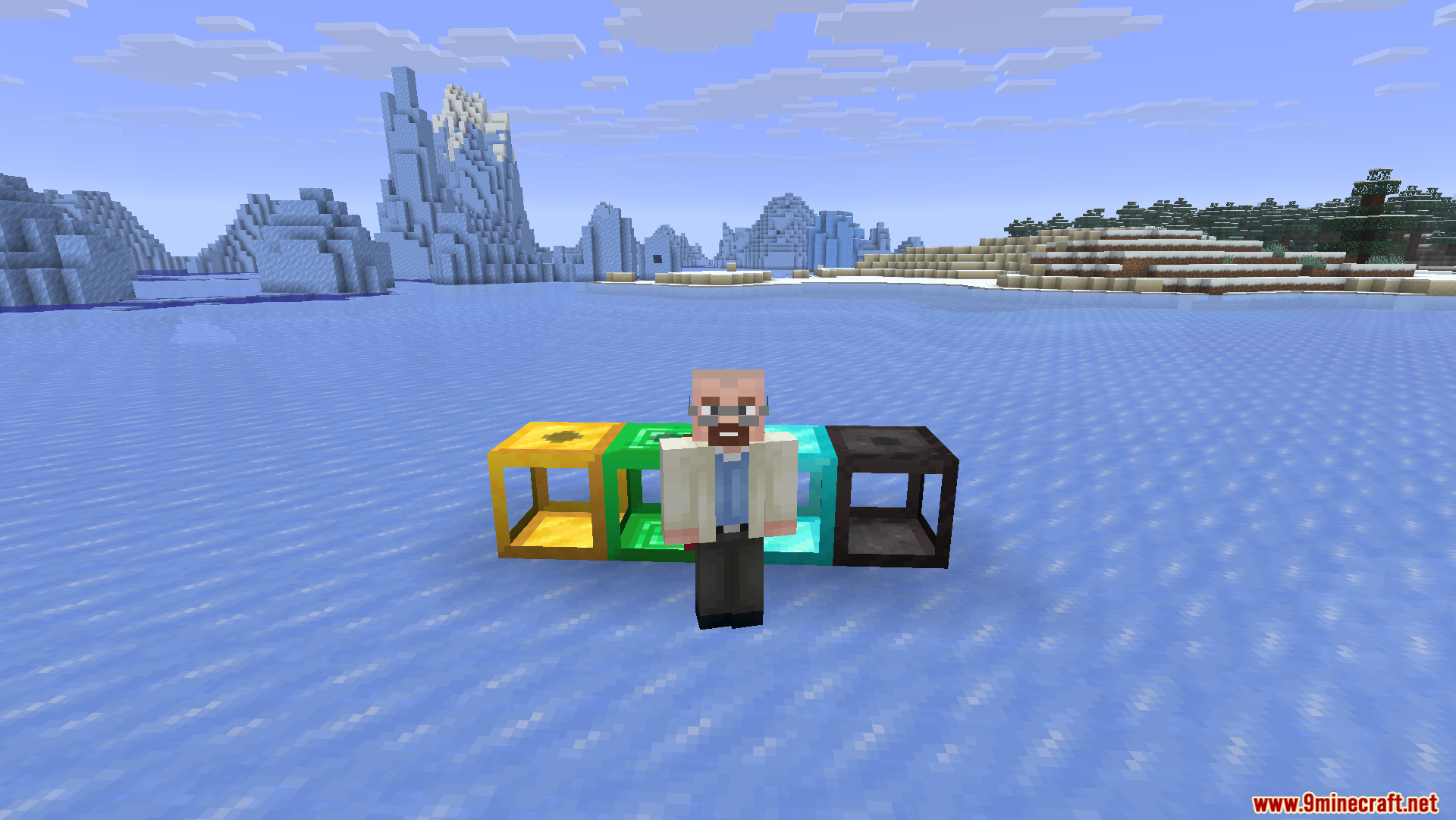 Cobblegen Galore Mod Screenshot 8 A character displays high tier automated generators in a frozen ocean with icebergs