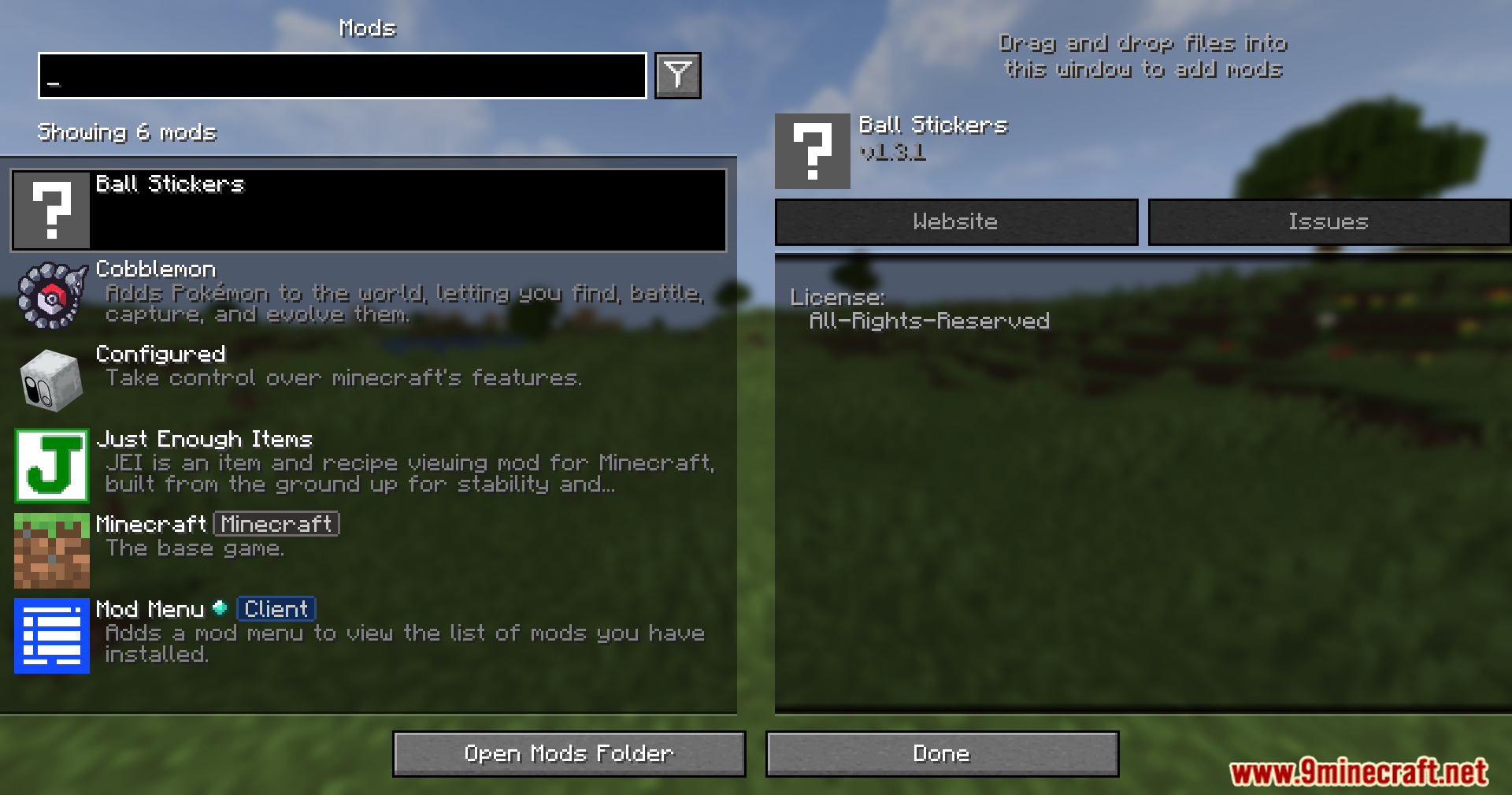 Minecraft mod menu interface displaying the Ball Stickers mod and other installed mods