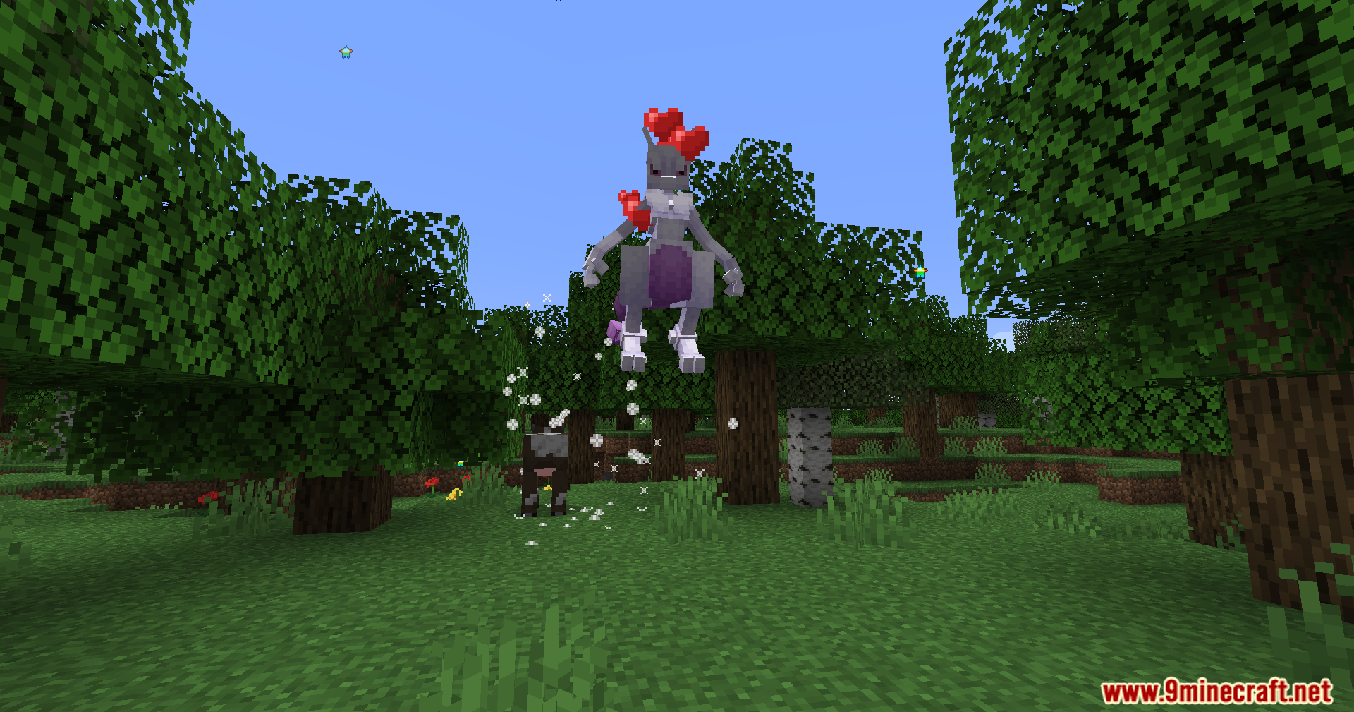 Mewtwo floats in a forest with red heart particles above its head