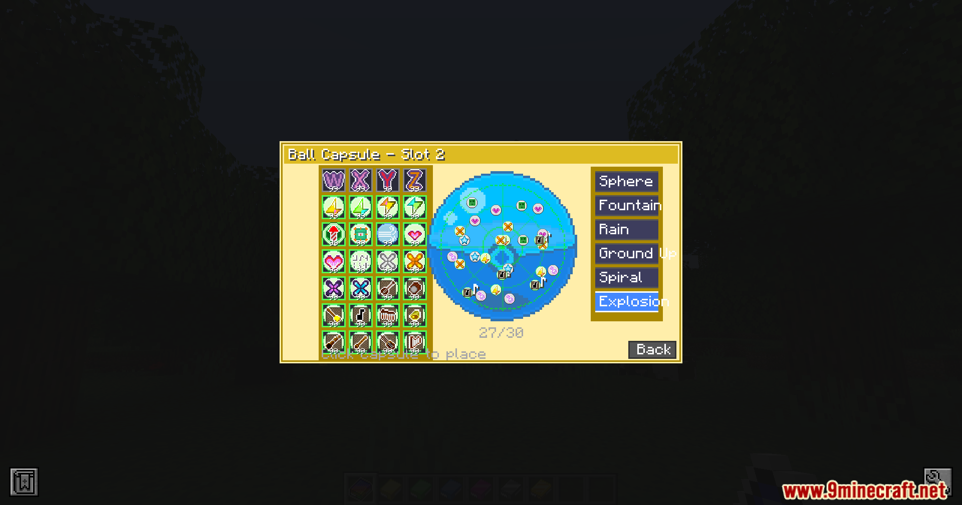 The Cobblemon Ball Stickers Mod interface for customizing Poke Ball entrance effects