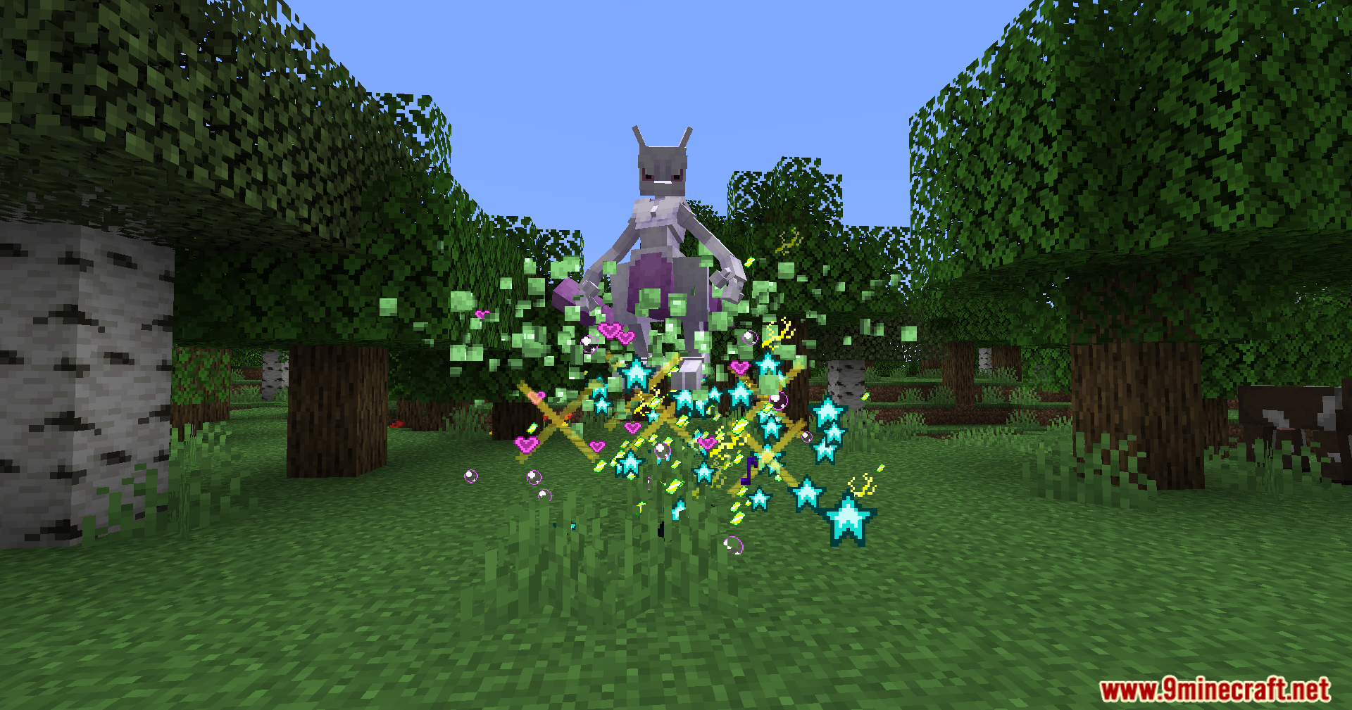 Mewtwo appearing in a forest with colorful particle effects from a sticker