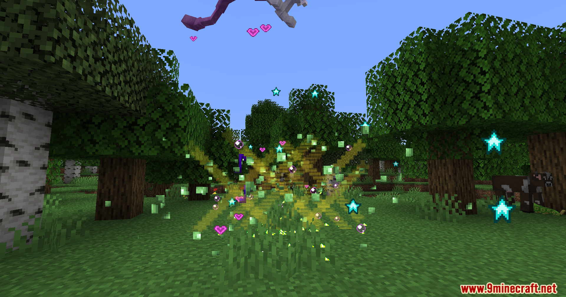 Colorful heart star and square particles burst in a forest as Mewtwo appears