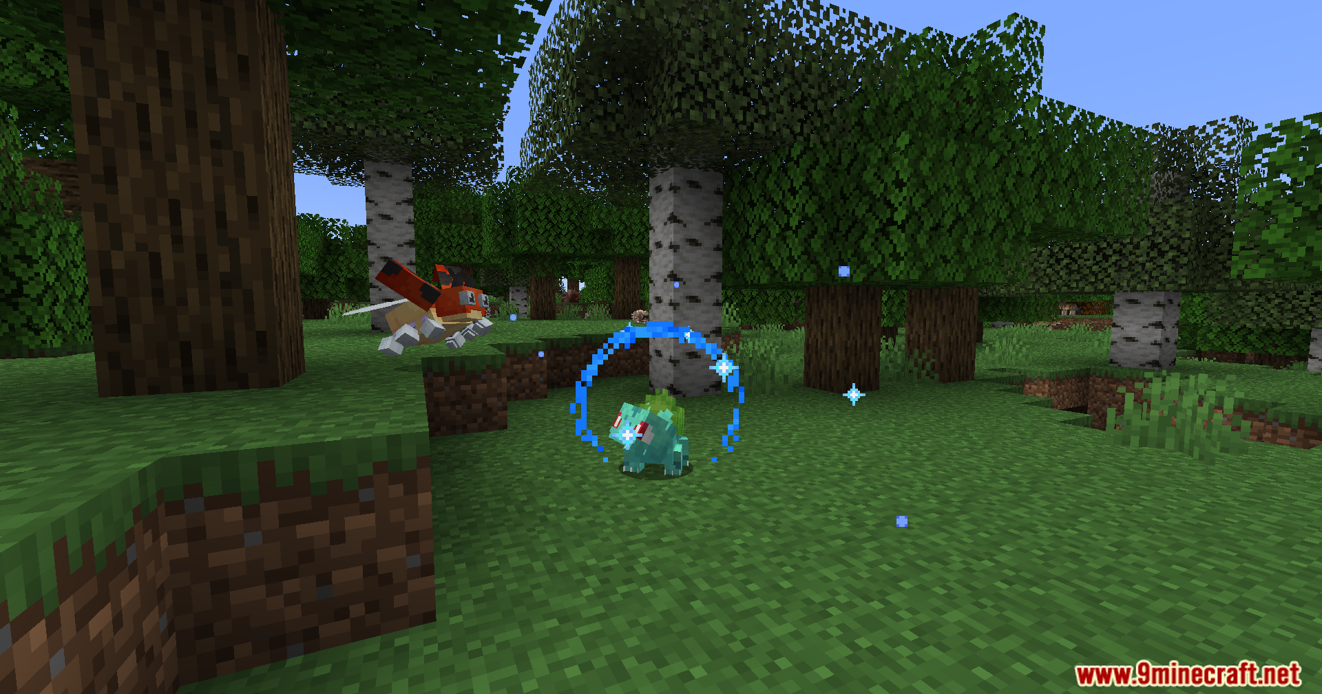 Bulbasaur surrounded by a blue ring of particles in a Minecraft forest