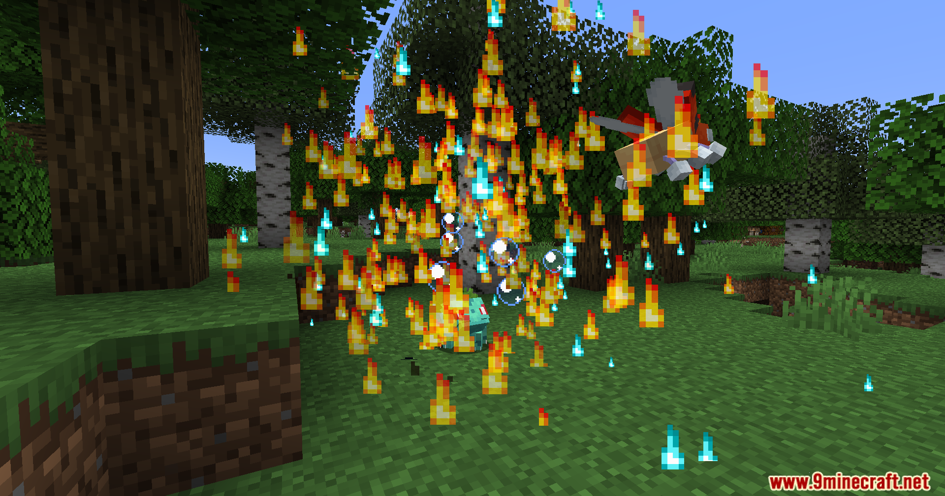 Bulbasaur and Ledyba surrounded by a massive explosion of fire particles