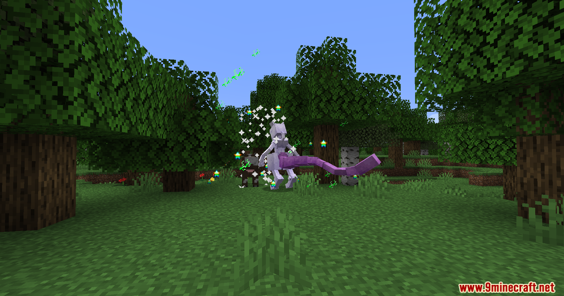 Mewtwo stands in a forest surrounded by white sparkles and green star particles