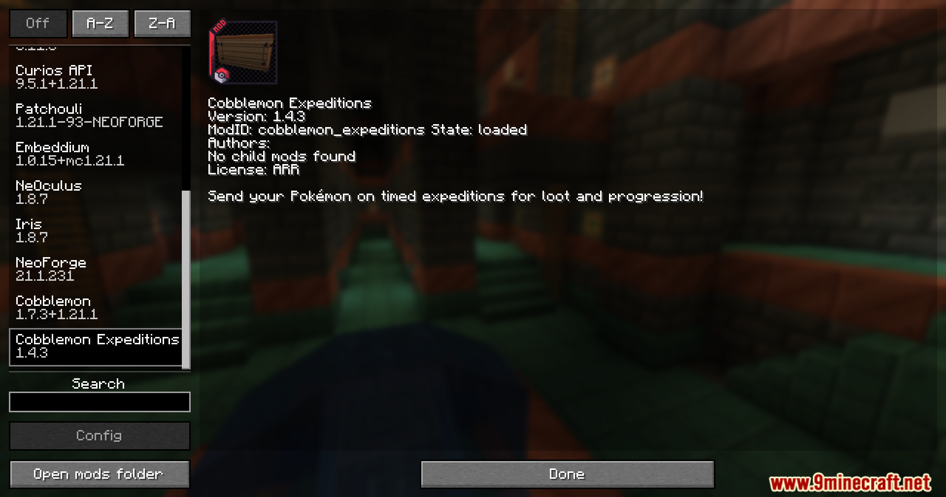 Mod menu showing Cobblemon Expeditions and other installed Minecraft mods