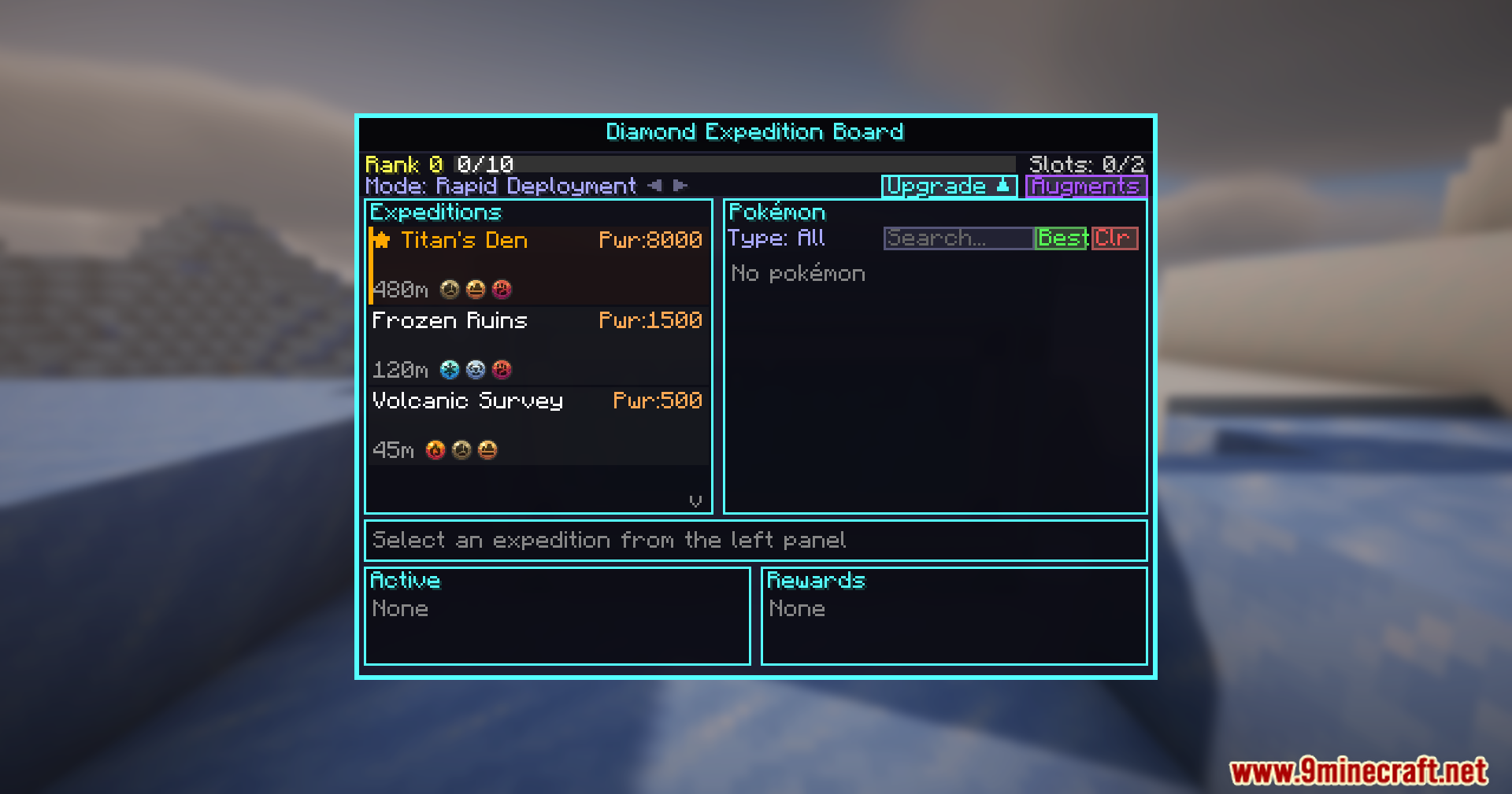 The Diamond Expedition Board interface displaying various missions and Pokemon team options
