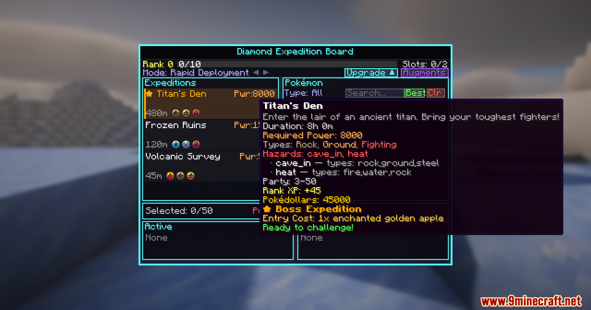 Diamond expedition board interface displaying details for the Titans Den boss mission